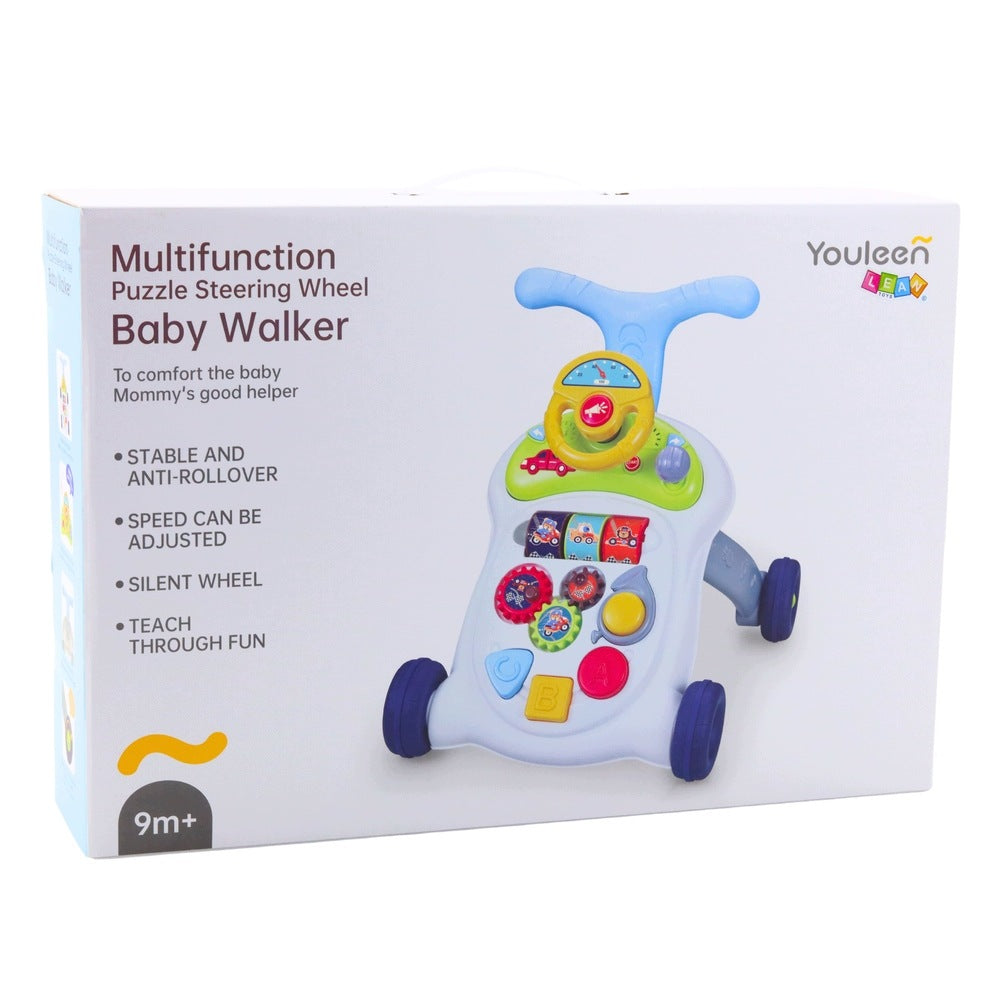 Interactive pusher walker with steering wheel lights and sounds for children Color blue