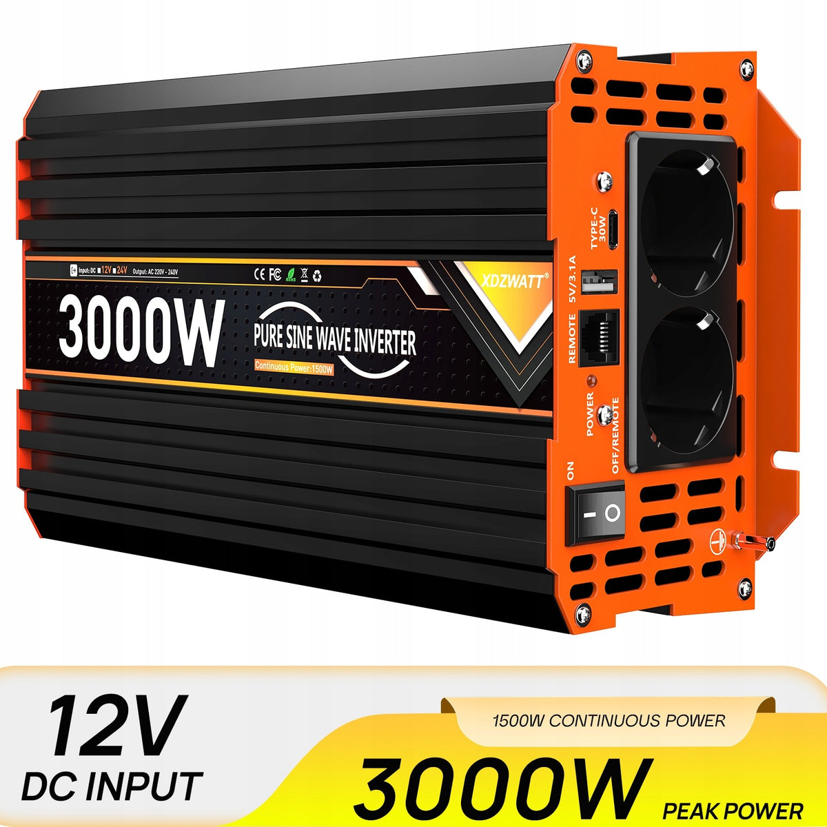 Inwerter samochodowy 12V 1500W 3000W 230V czysta sinusoida przetwornica