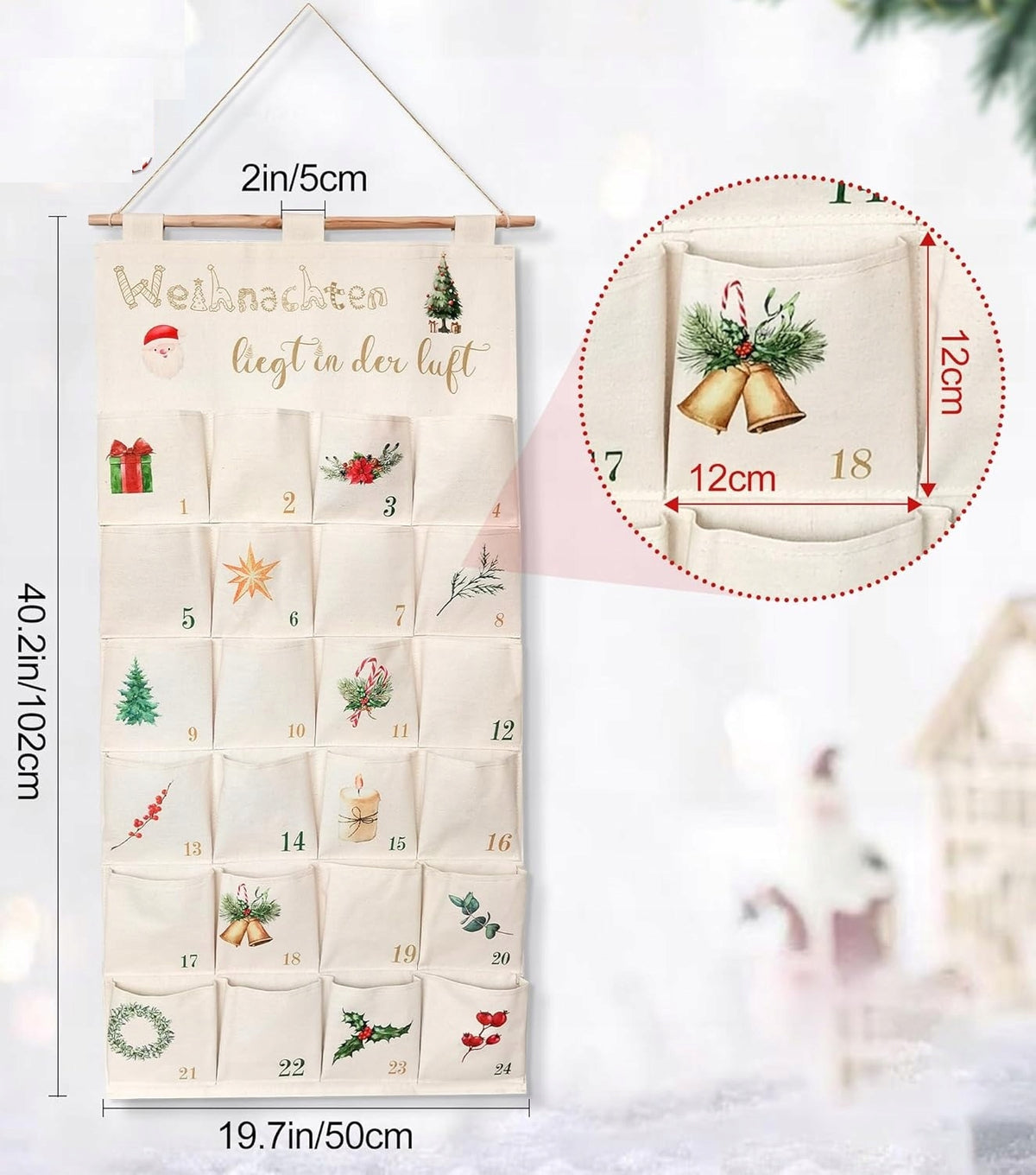 J920. Fabric Advent Calendar with 24 Pockets Wall Hanging Brand no brand