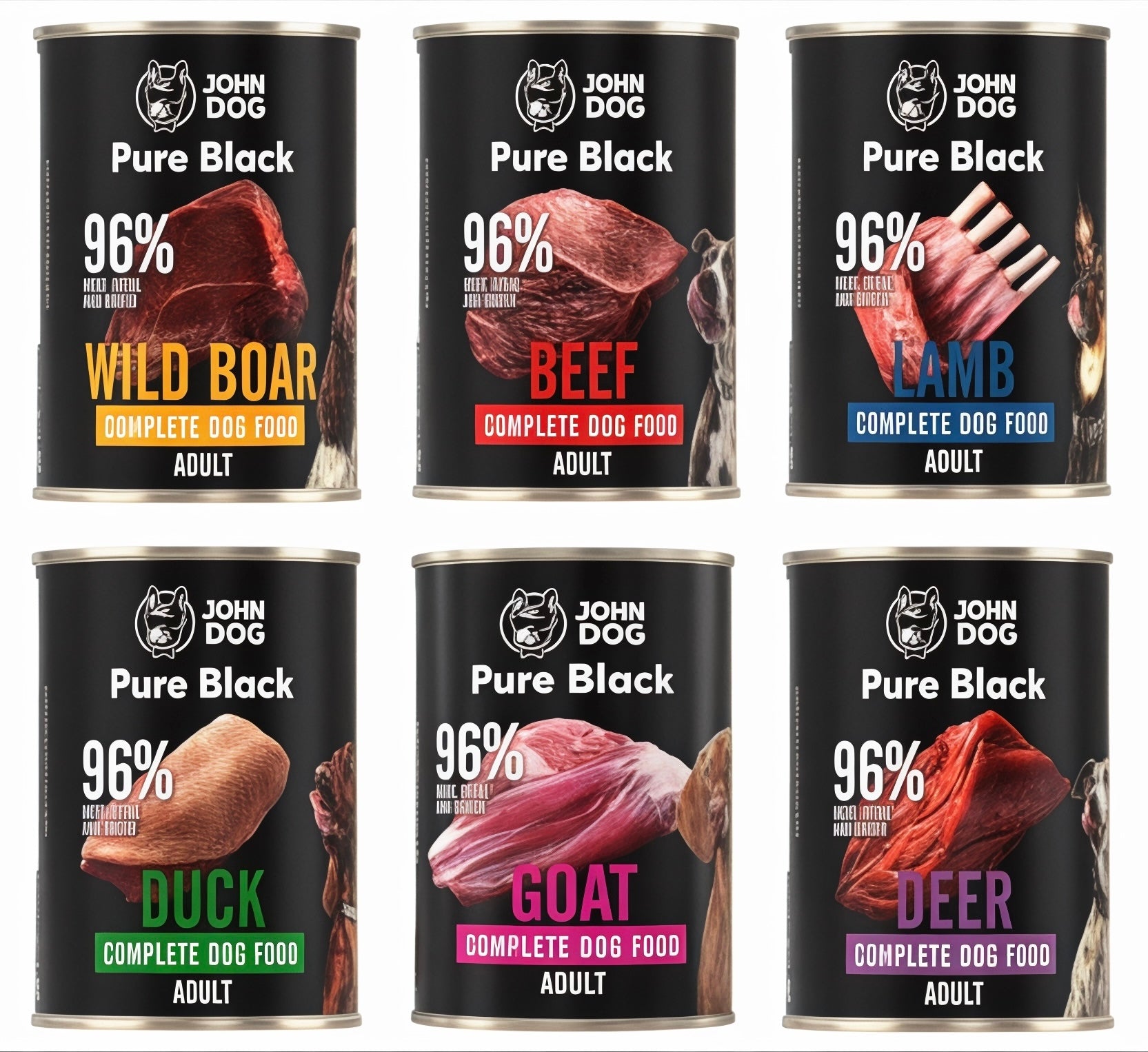 JOHN DOG PURE BLACK MIX OF FLAVORS 6 X 400G 96% GRAIN-FREE MEAT MONOPROTEIN