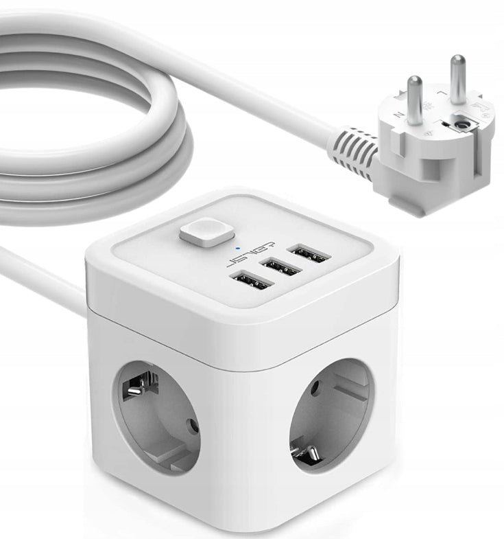 JSVER Power Strip 5 m Cube Shaped, with 3 USB Sockets
