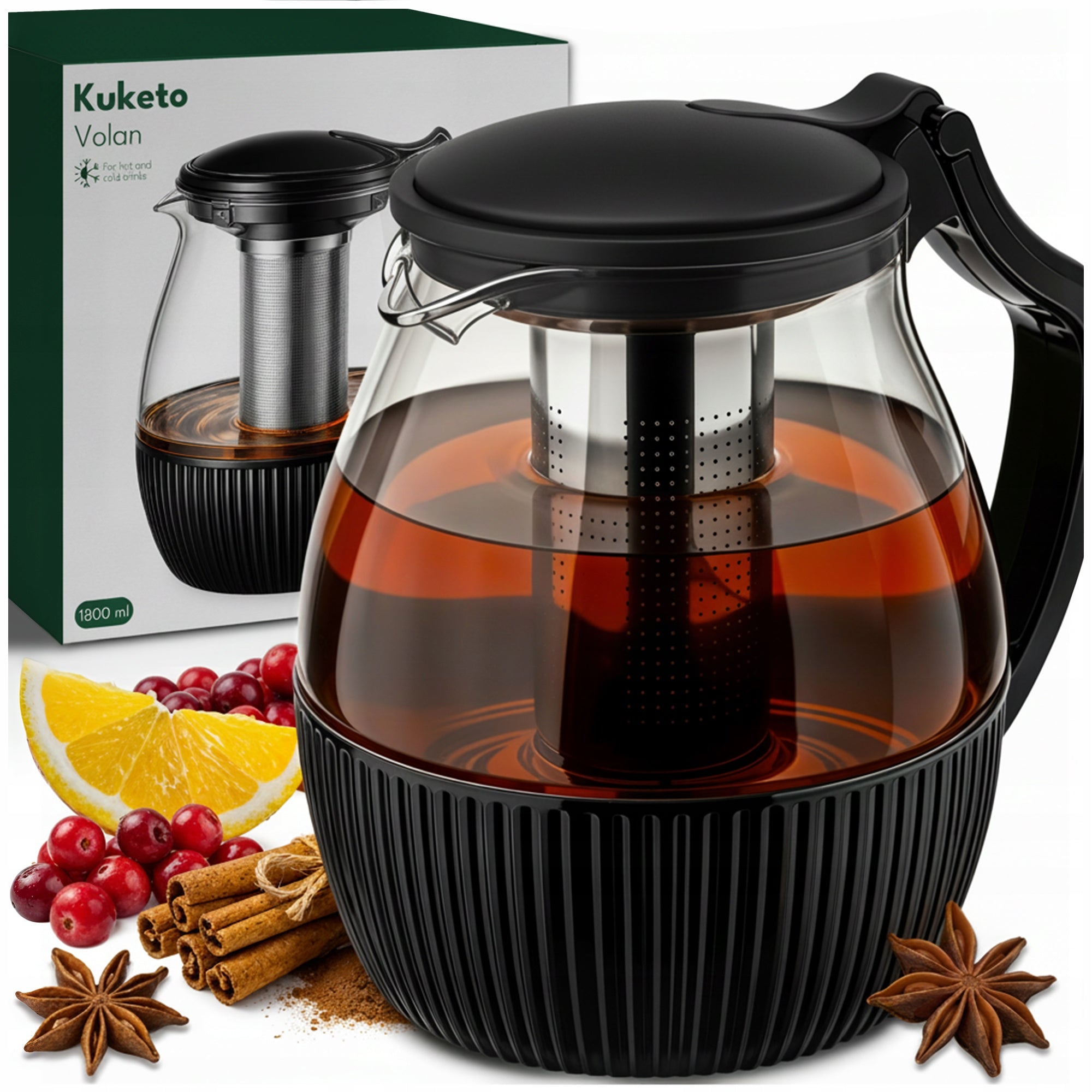JUG Tea infuser GLASS KETTLE with strainer HEAT RESISTANT 1800ml