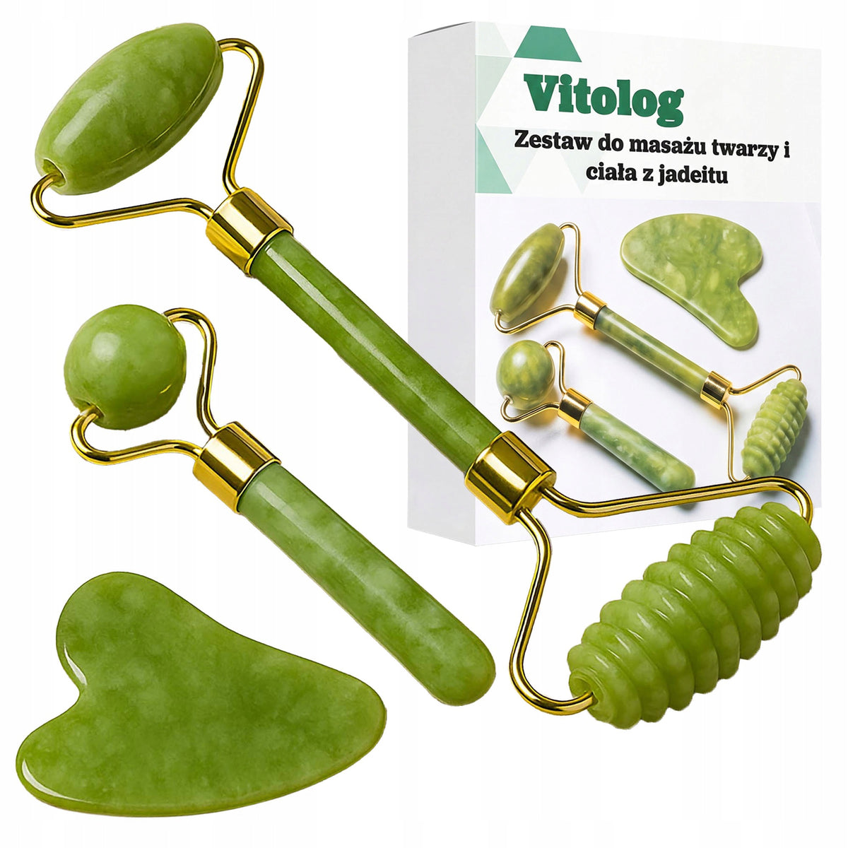 Jade massager roller for face massage neck under eyes stone gua sha 3in1