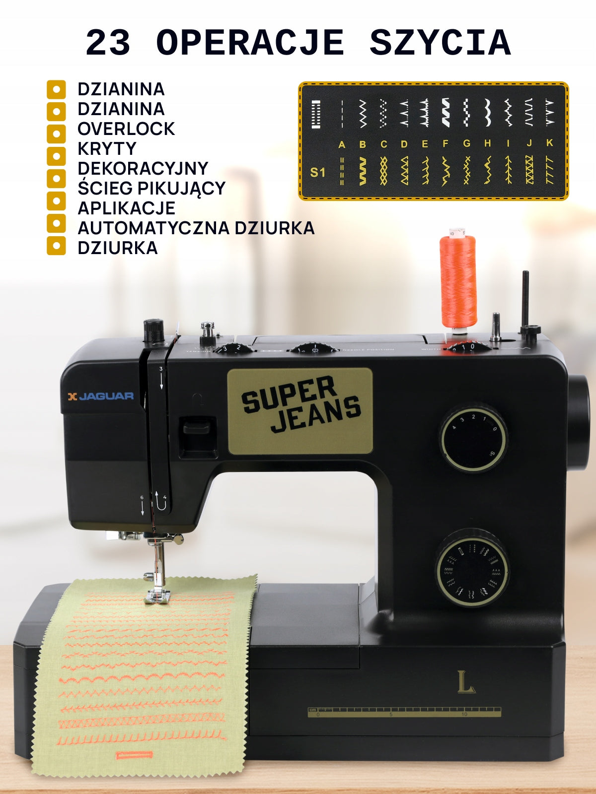Jaguar Super Jeans L sewing machine for jeans, servo, 23 stitches Dominant color black