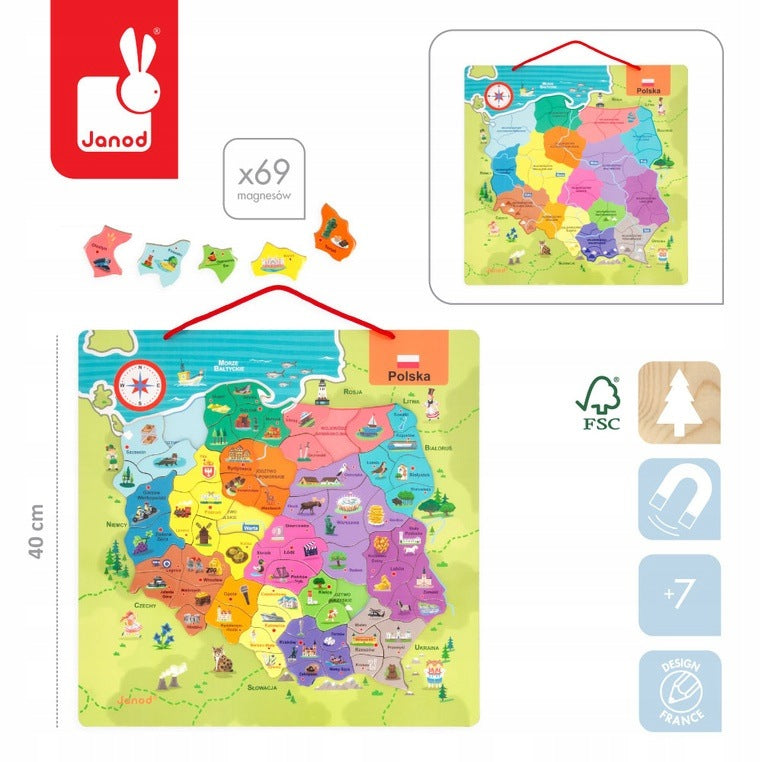 Janod Magnetic Puzzle Map Polish 69 magnets 7+ Packaging status original