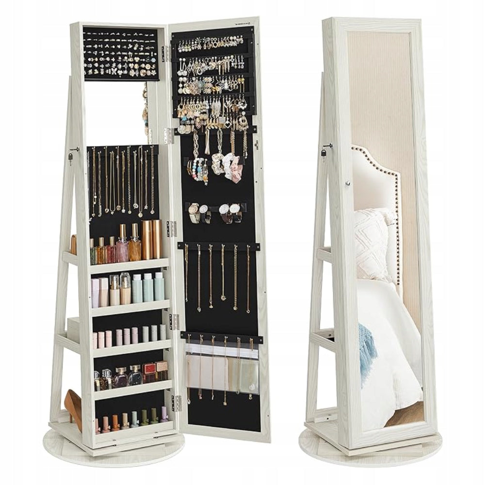 Jewelry cabinet CHEST OF DRAWERS WITH MIRROR 55x55x161 cm rotating storage WHITE Brand Songmics