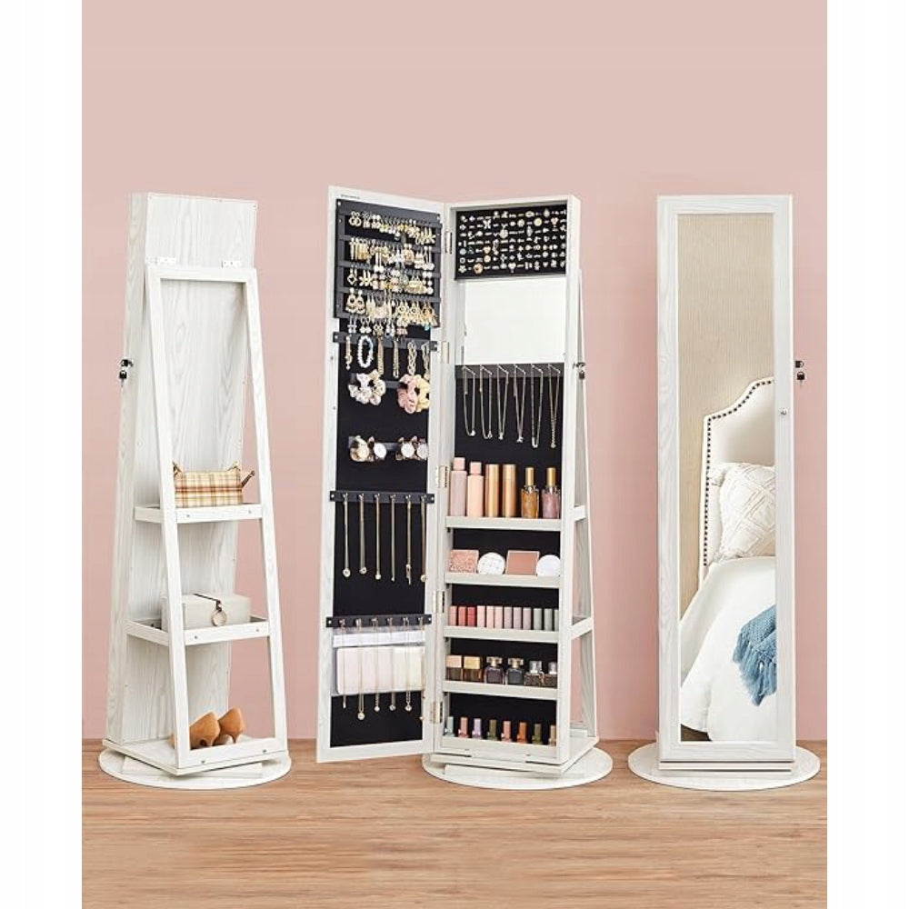 Jewelry cabinet CHEST OF DRAWERS WITH MIRROR 55x55x161 cm rotating storage WHITE Furniture color white