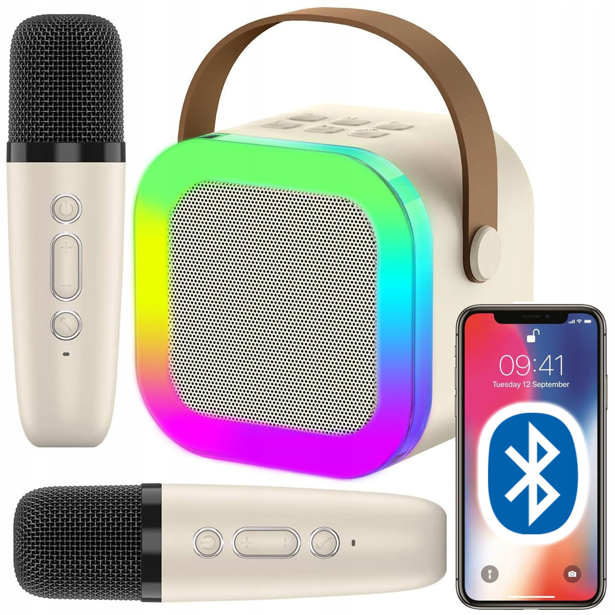 KARAOKE BLUETOOTH SPEAKER WIRELESS LED SET 2 MICROPHONES USB SD JACK