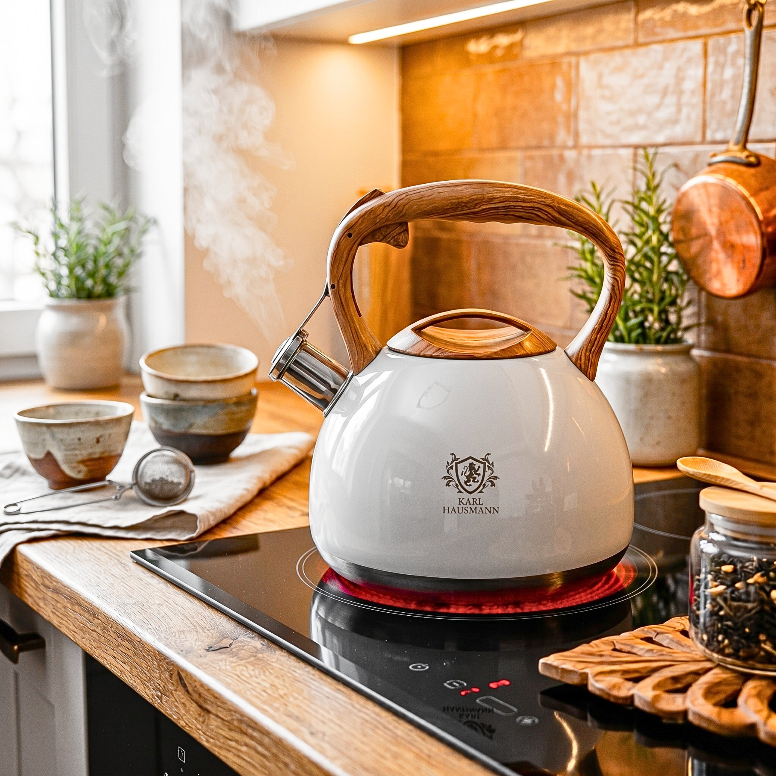 KETTLE STEEL GAS 3L GREY CREAM WITH WHISTLE WOODEN HANDLE INDUCTION Packaging status original