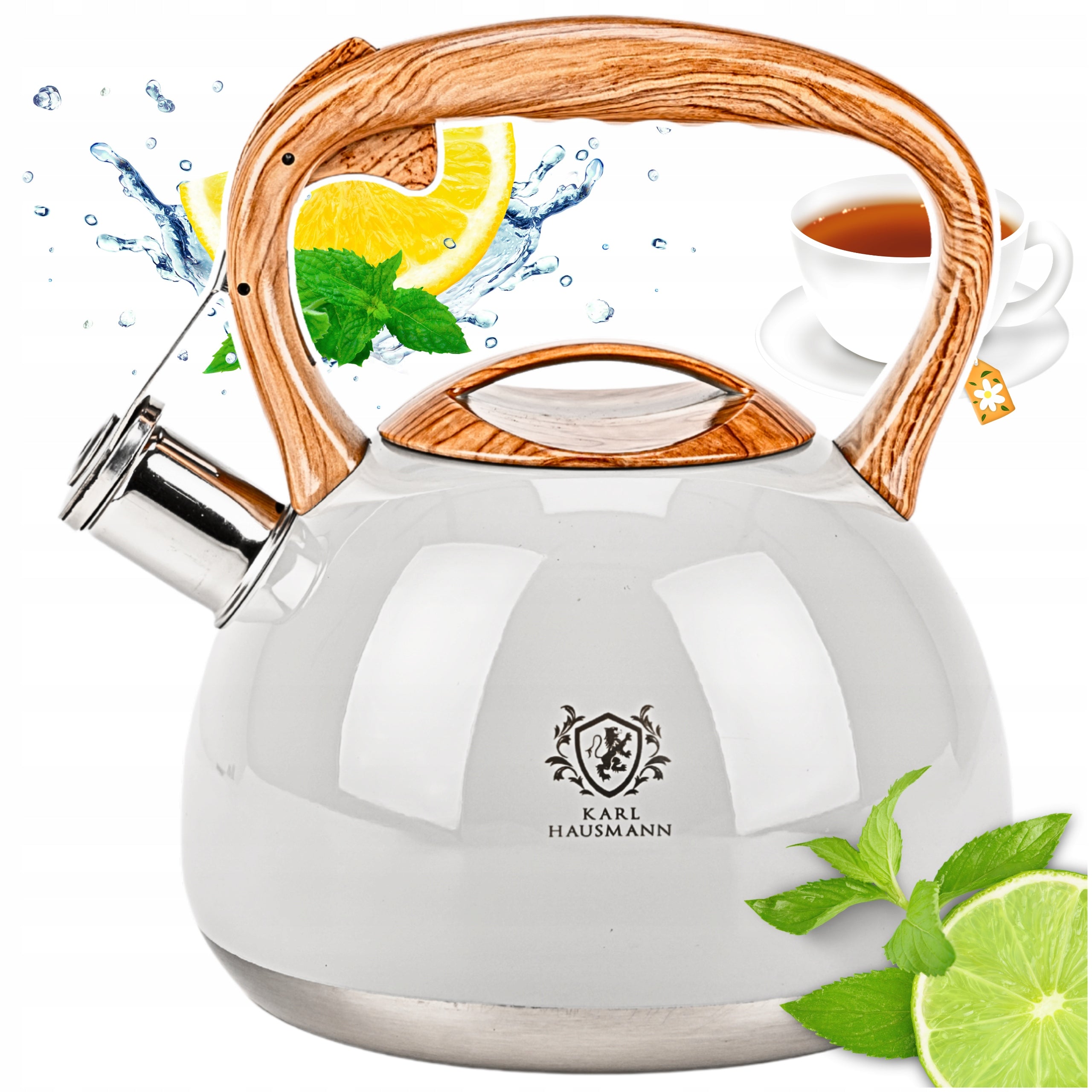 KETTLE STEEL GAS 3L GREY CREAM WITH WHISTLE WOODEN HANDLE INDUCTION