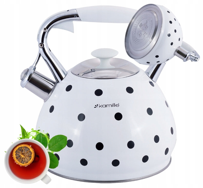 KETTLE STEEL white with black dots WITH WHISTLE ROOMY 3L KAMILLE