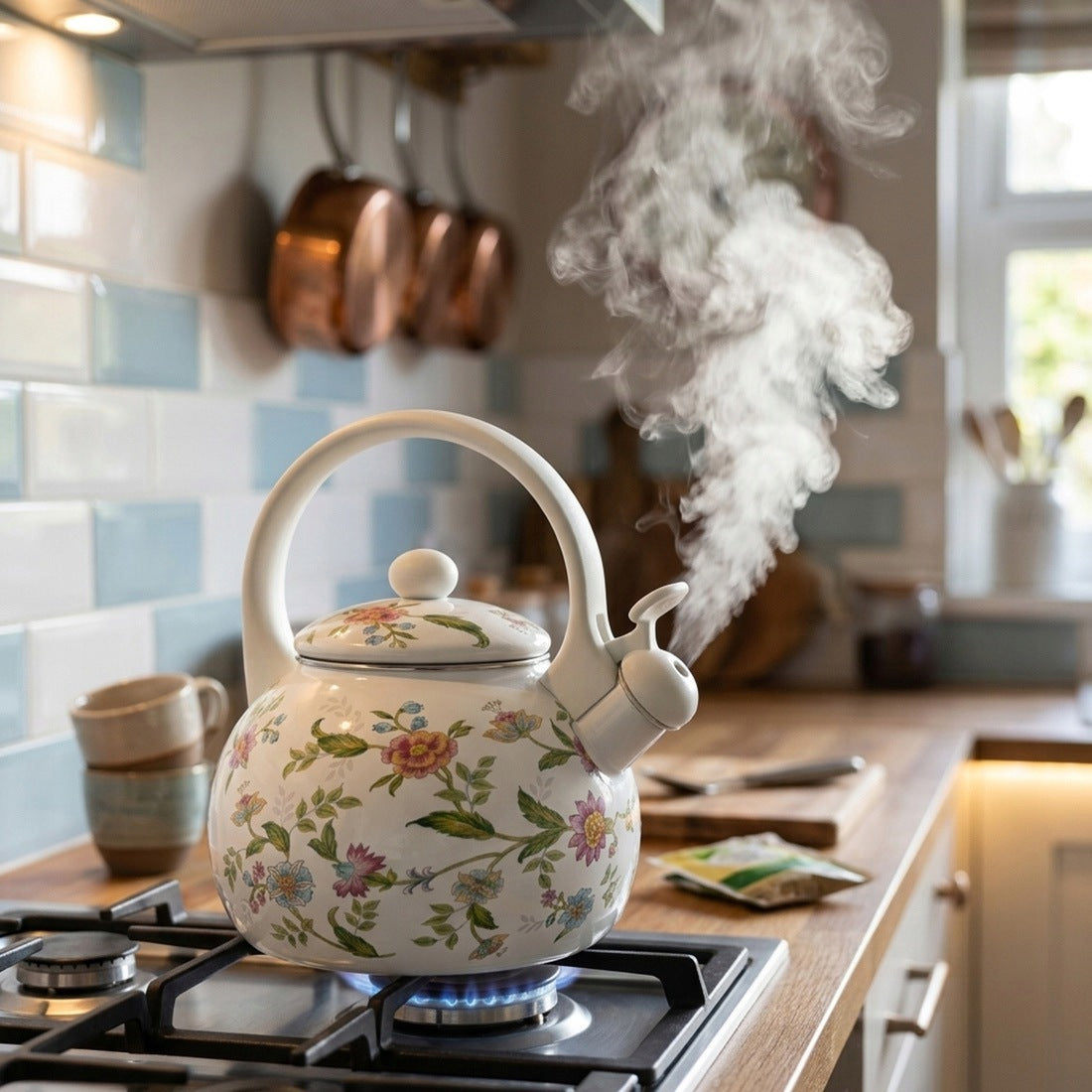 KETTLE TRADITIONAL ENAMELLED GAS INDUCTION PATTERN FLORAL WHITE FLOWERS 2,2L Packaging status original
