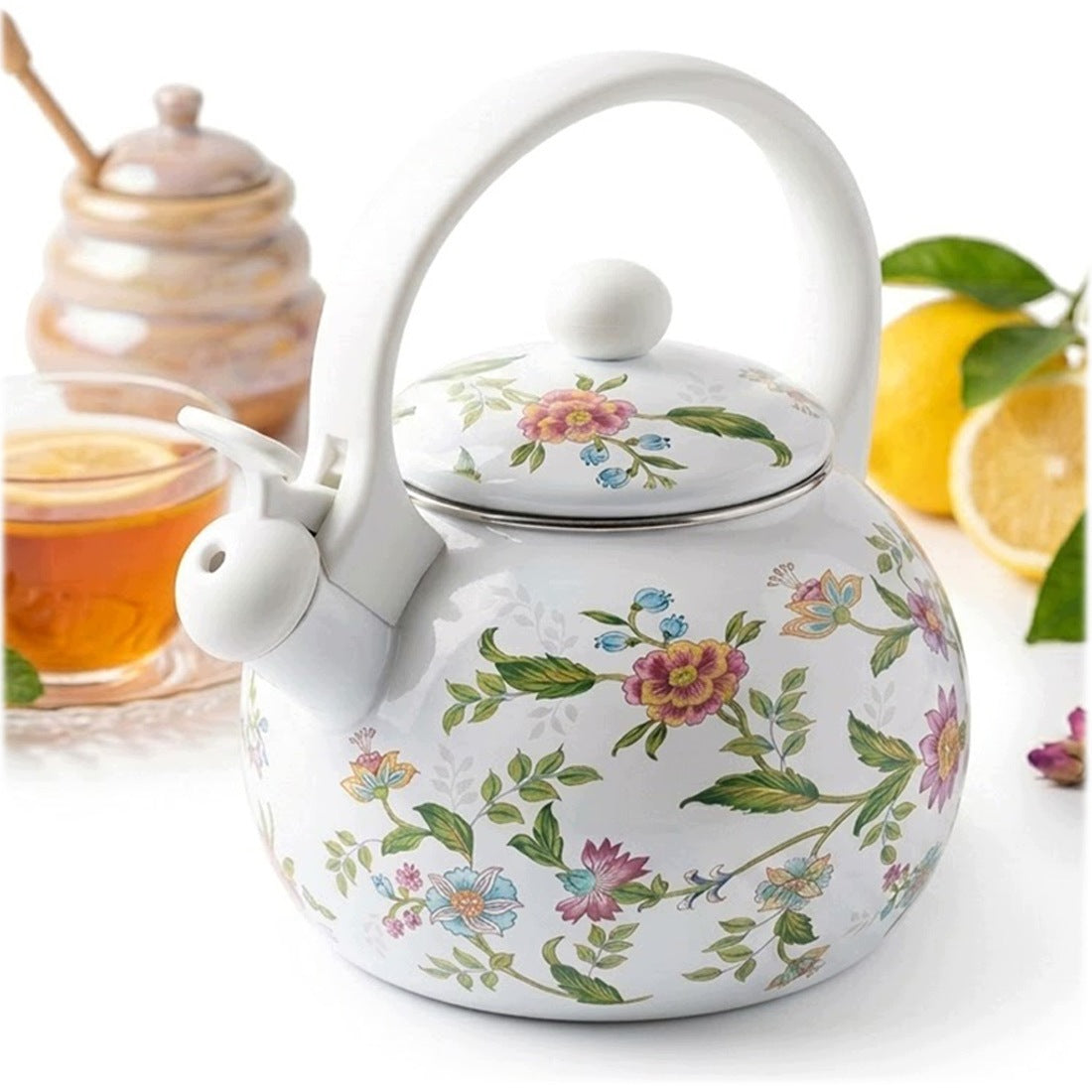 KETTLE TRADITIONAL ENAMELLED GAS INDUCTION PATTERN FLORAL WHITE FLOWERS 2,2L