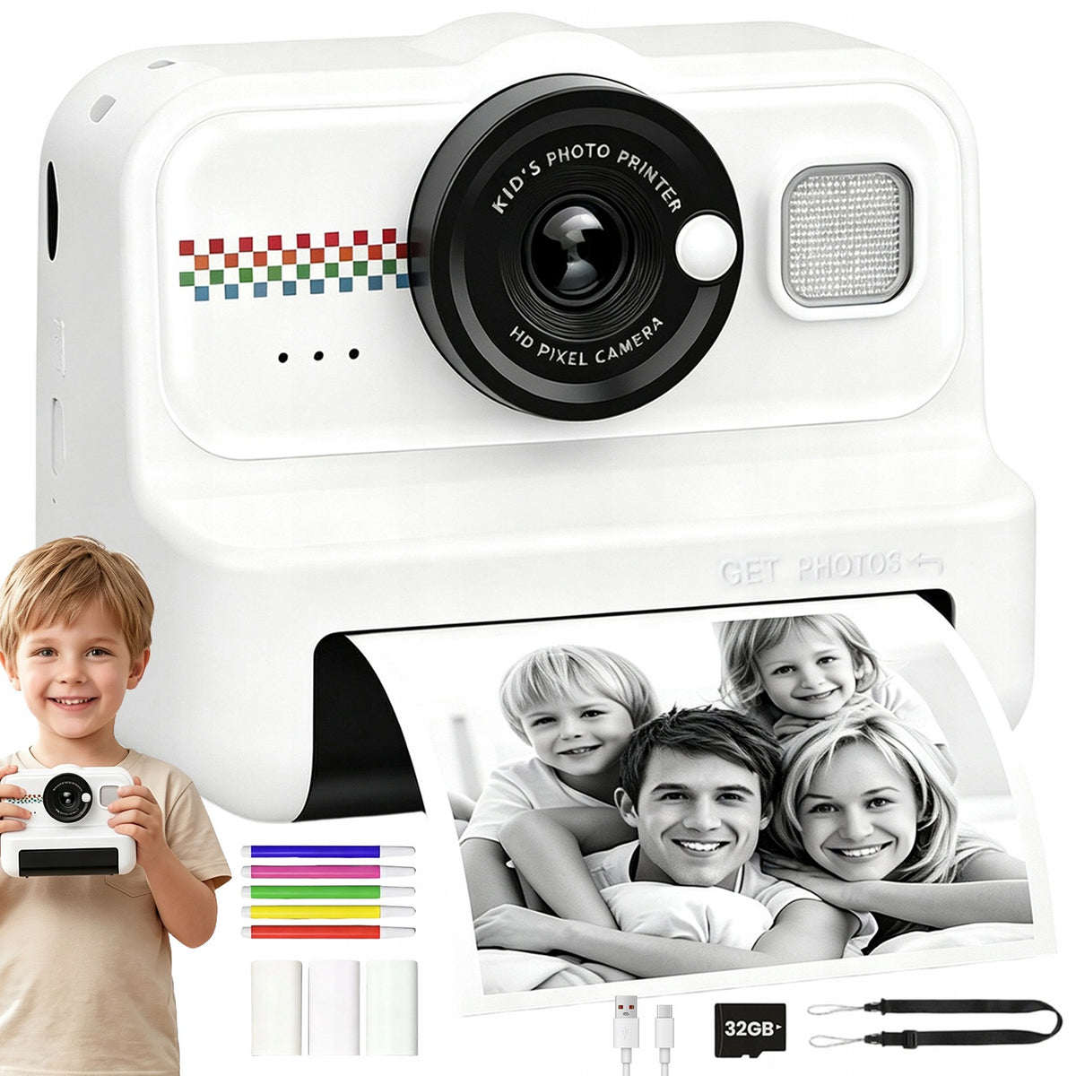 KIDS CAMERA WITH PRINTER AND EDUCATIONAL GAMES 32GB MULTIFUNCTION