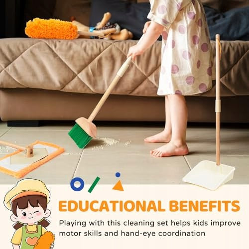 KIDS CLEANING KIT WOODEN MONTESSORI BROOM MOP FOR GIFT Kid's age 0+