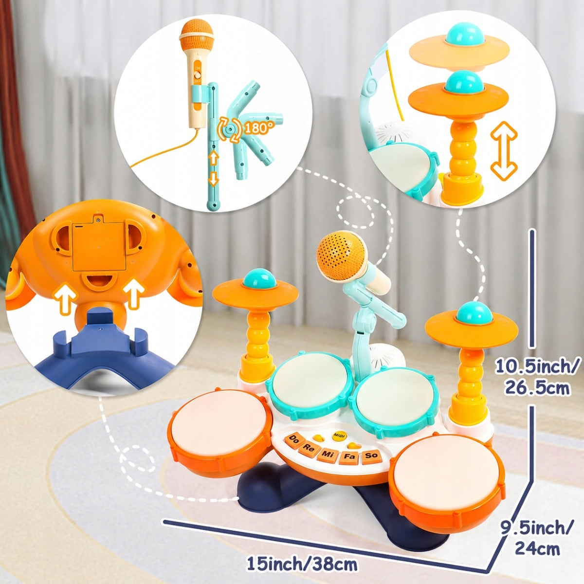 KIDS DRUMS ELECTRONIC 4 DRUMS 2 PLATES MICROPHONE LED EFFECTS Kind drum