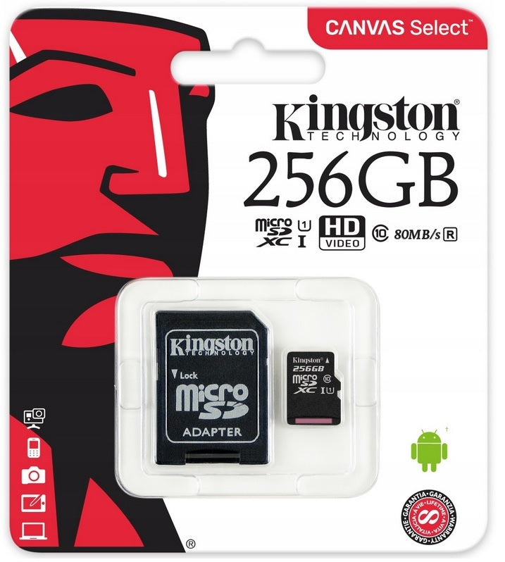 KINGSTON MEMORY CARD 256 GB MICRO SD CLASS 10 WITH ADAPTER FOR SD