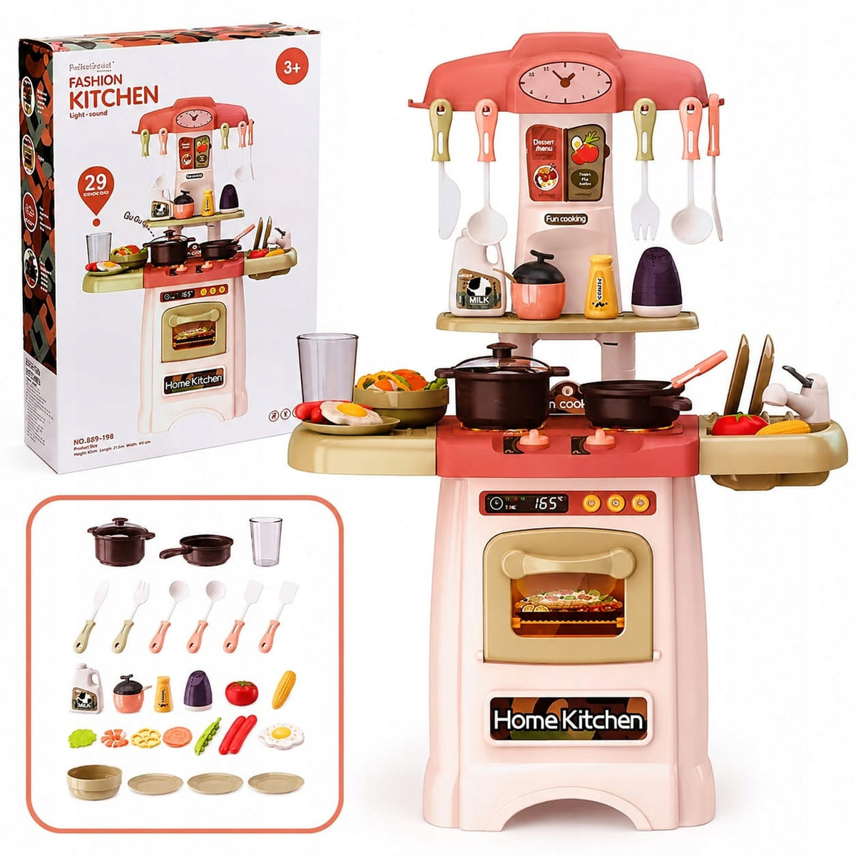 KITCHEN FOR CHILDREN TAP COUPLE BURNERS SET + 29 ACCESSORIES TWO COLORS Brand DK