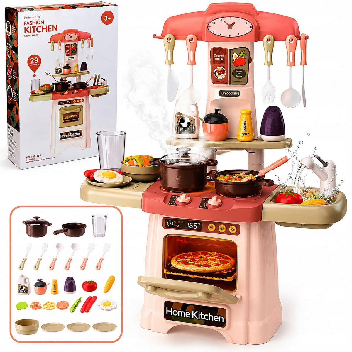 KITCHEN FOR CHILDREN TAP COUPLE BURNERS SET + 29 ACCESSORIES TWO COLORS