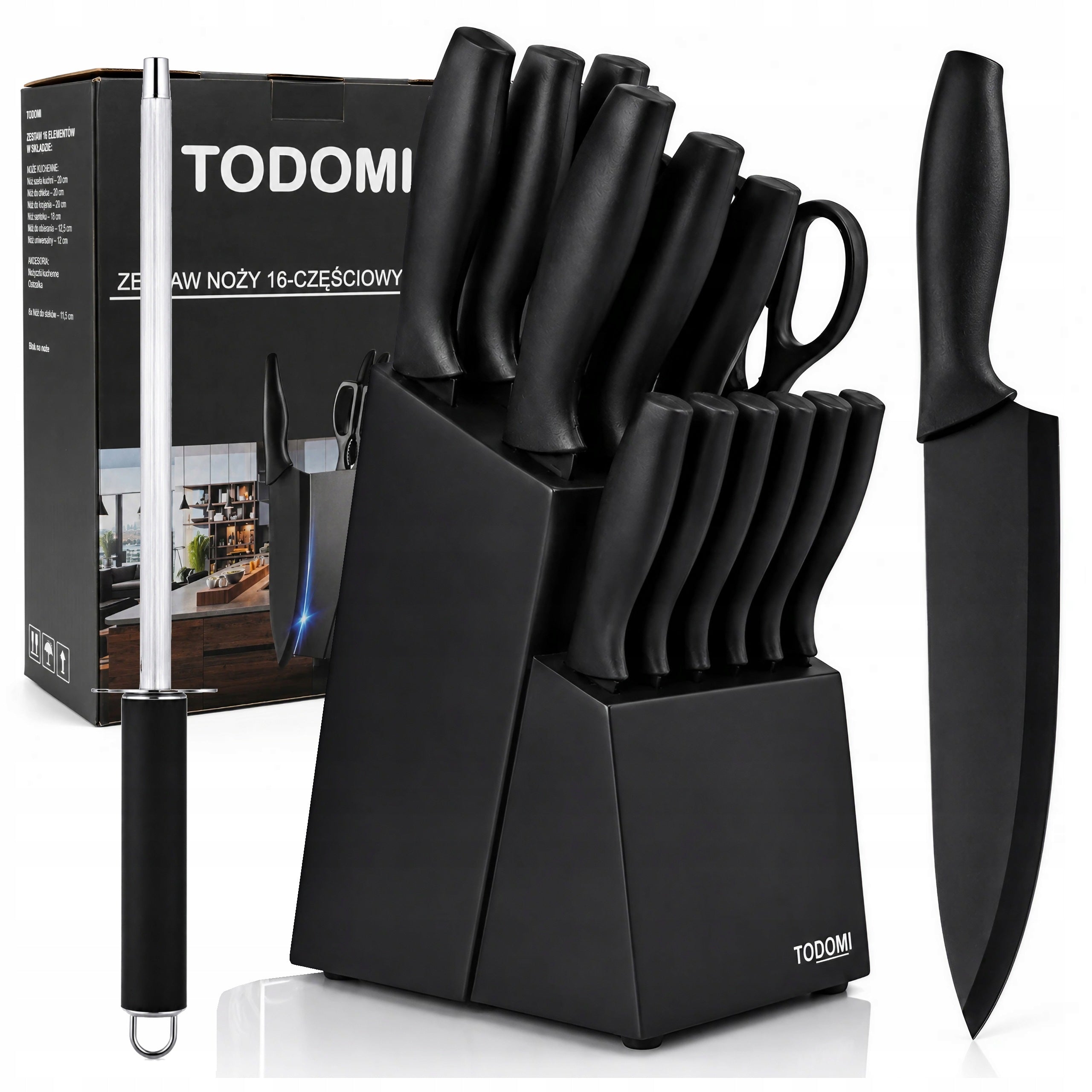 KITCHEN KNIVES SET OF KNIVES IN BLOCK STAND 16 EL. SHARPENER SCISSORS