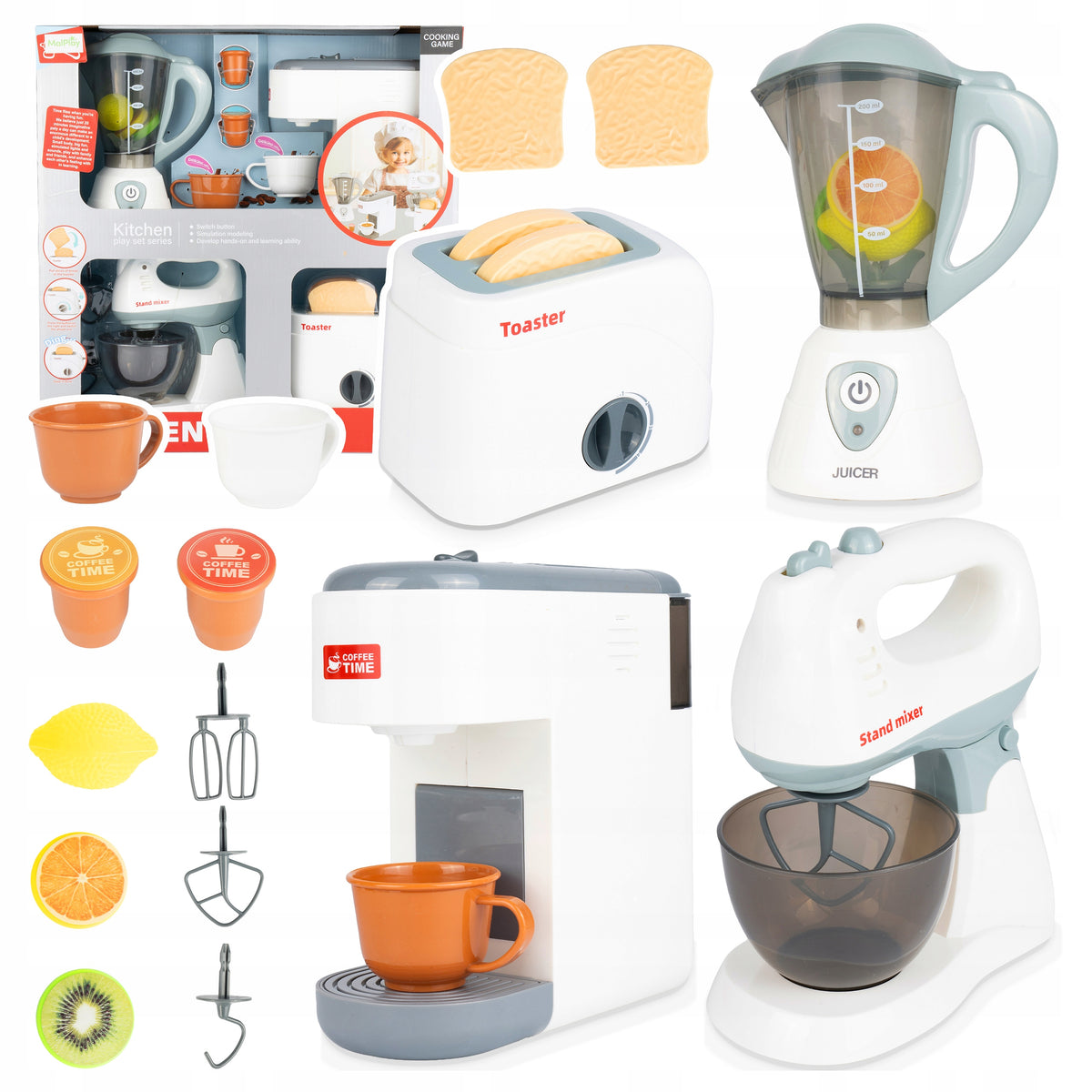 KITCHEN SET SMALL AGD FOR CHILDREN 4IN1 ESPRESSO TOASTER BLENDER MIXER BOWL