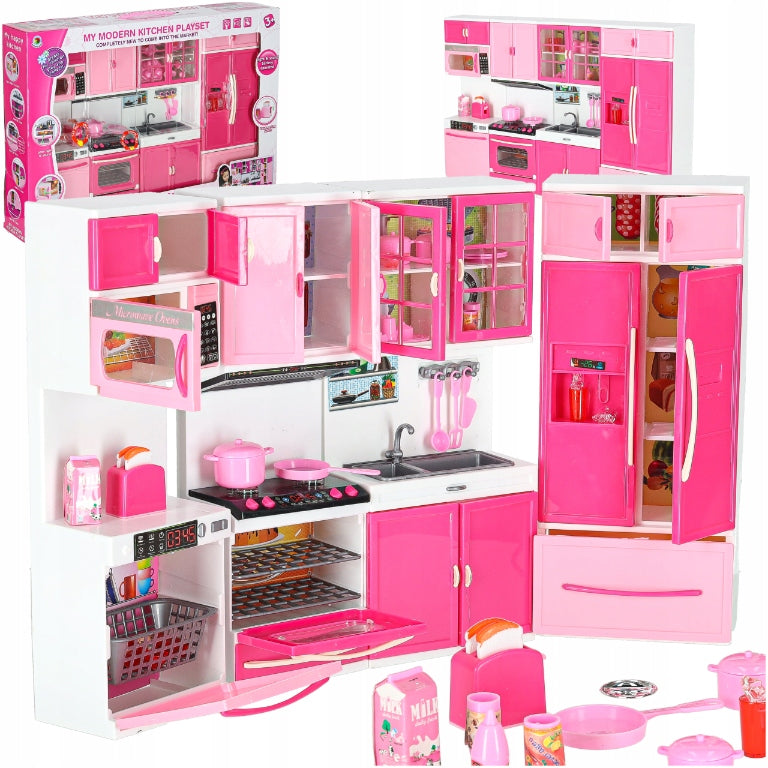 KITCHEN TOY INTERACTIVE SET WITH ACCESSORIES DOLL FURNITURE PINK