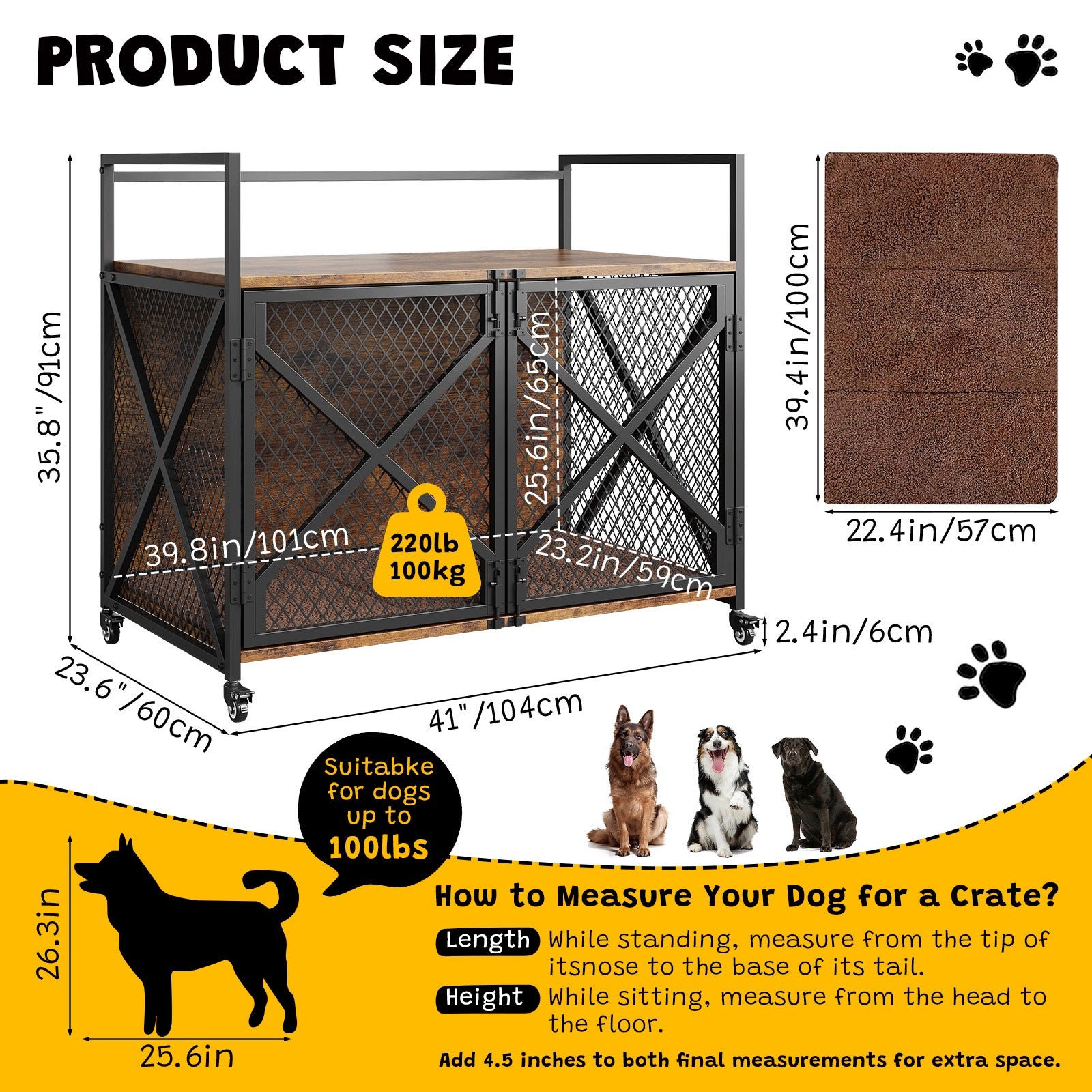 KLATKA DLA PSA DREWNIANA NA KÓŁKACH ZE STOLIKIEM 2 DRZWI RUSTYKALNA 104 CM Packaging status original
