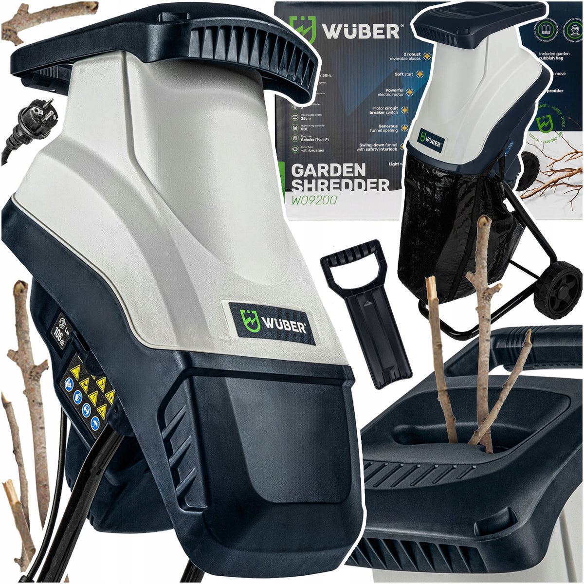 KNIFE BRANCH SHREDDER ELECTRIC CHIPPER HIGH POWER 3000W BAG 50L