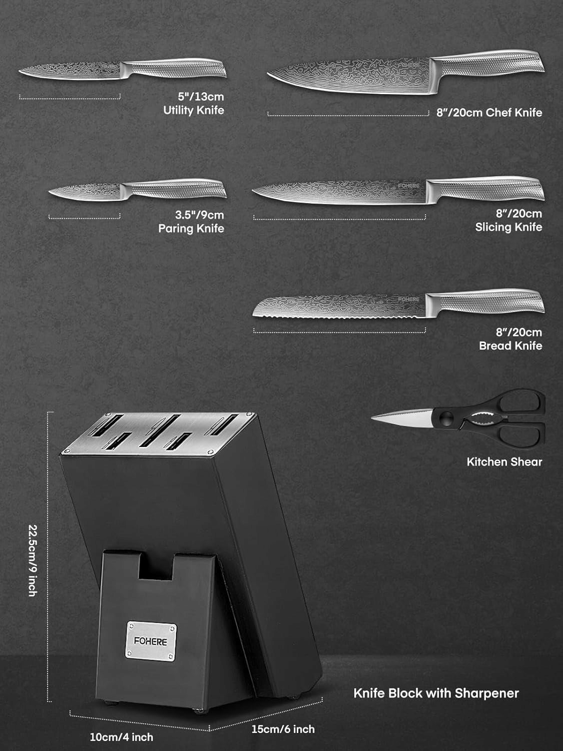 KNIFE SET 7PCS SELF-SHARPENING BLOCK STAINLESS STEEL ANTI-SLIP Brand MasterChef