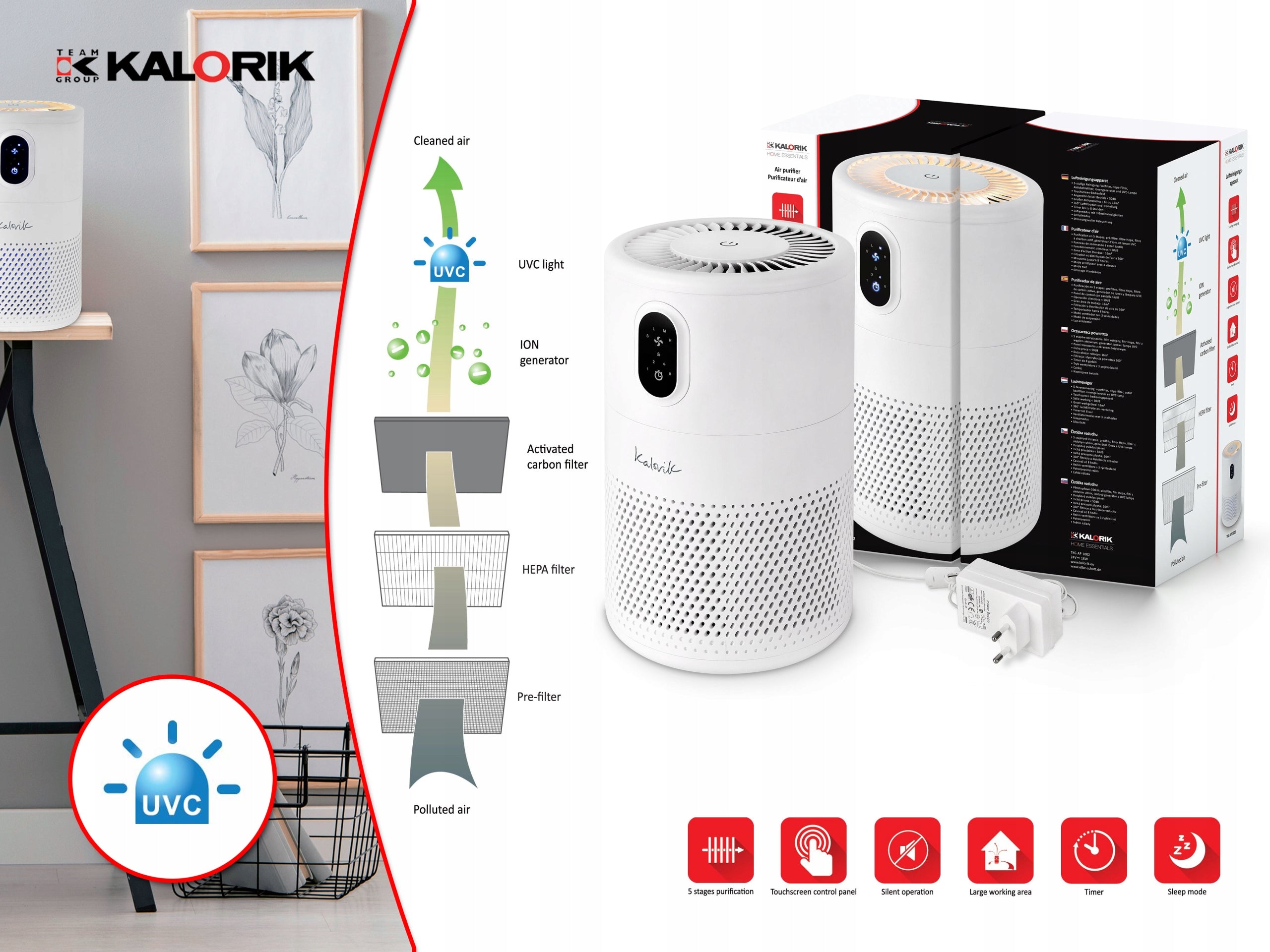 Kalorik AIR PURIFIER HEPA Carbon Filter UVC JONY AP1002 120m³/h Dominant color white