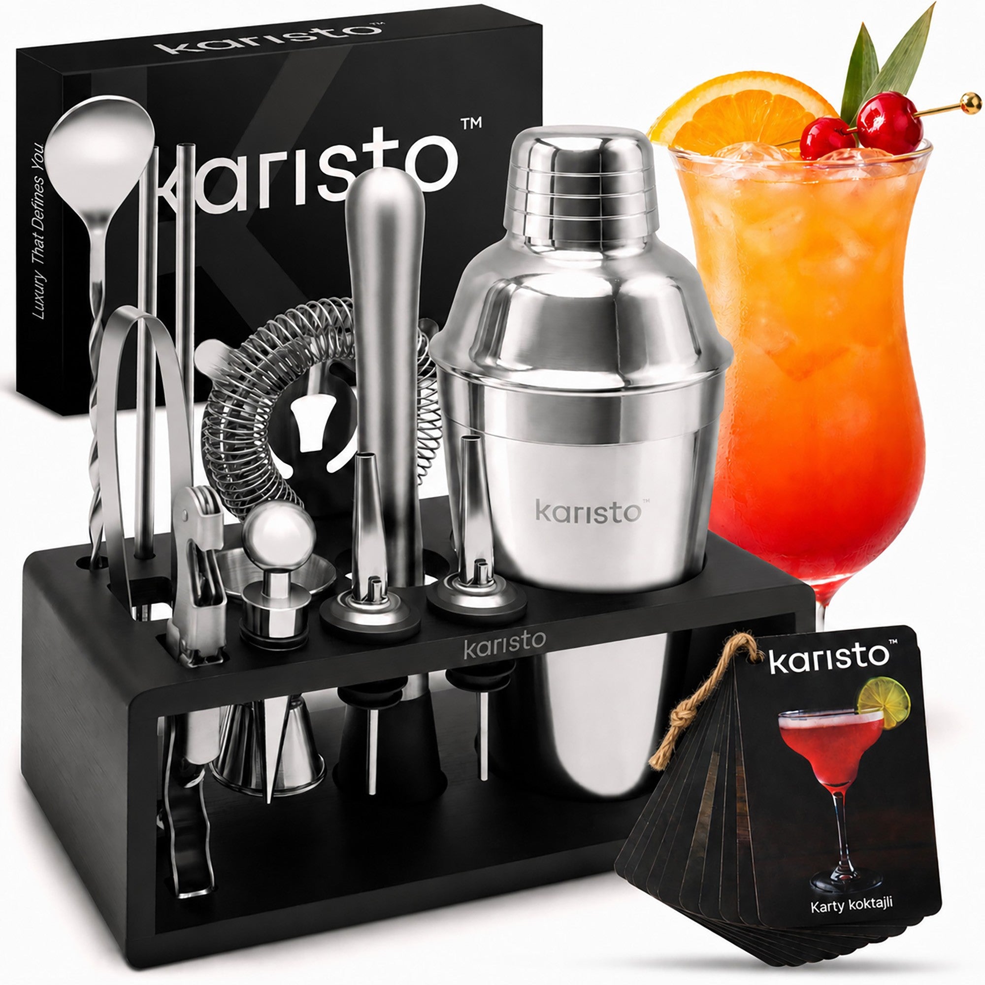 Karisto Shaker Bartending Set and Accessories with Bamboo Stand