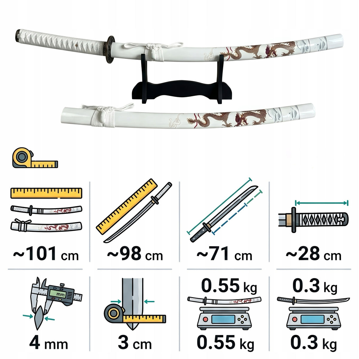 Katana Sword Bamboo Blade White Dragon with and Stand HK1129WD Manufacturer code HK1129WD