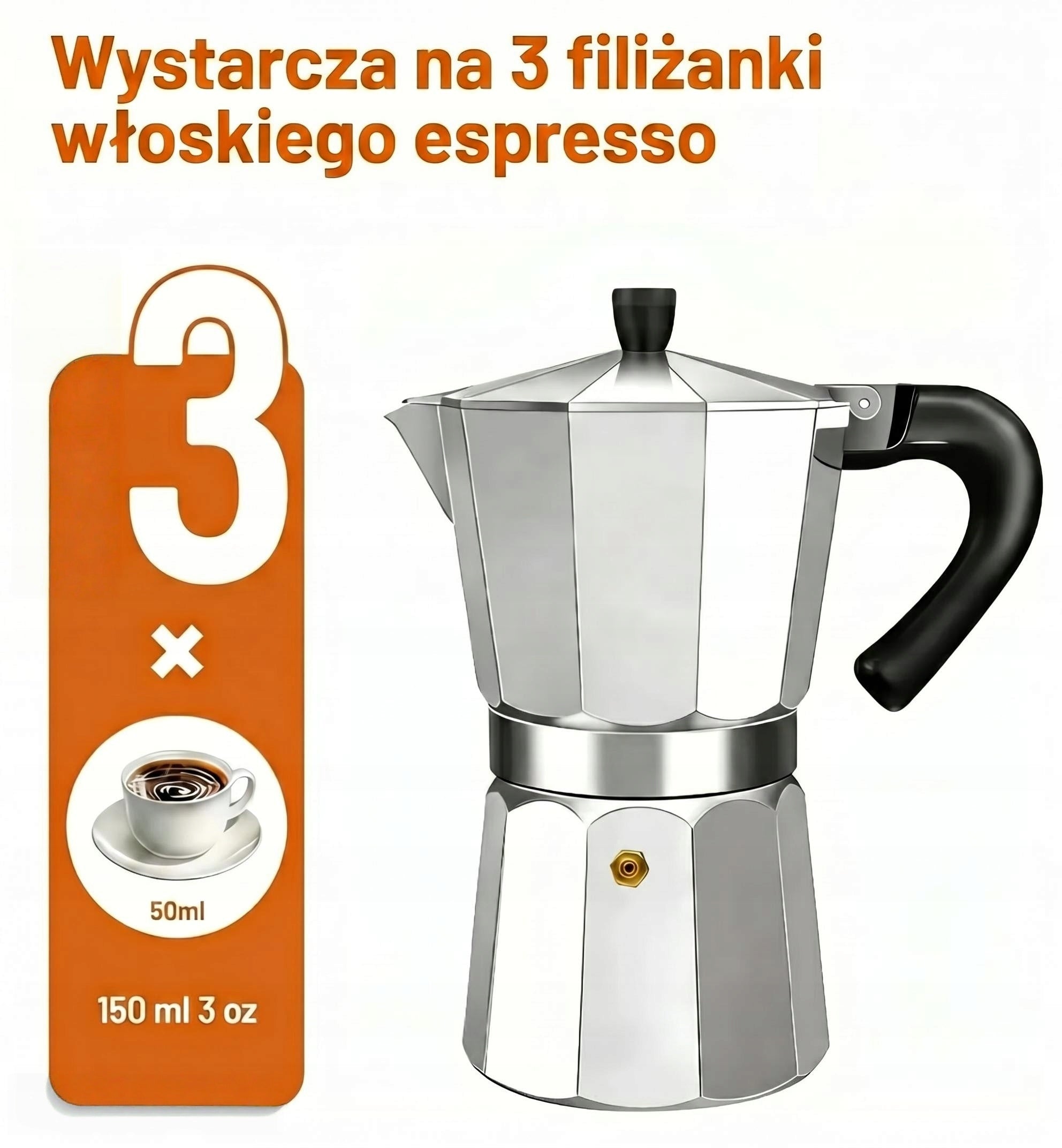 Kawiarka Aluminiowa Moka 3 tz 150 ml Espresso Zaparzacz na Gaz Elektryczna Packaging status original