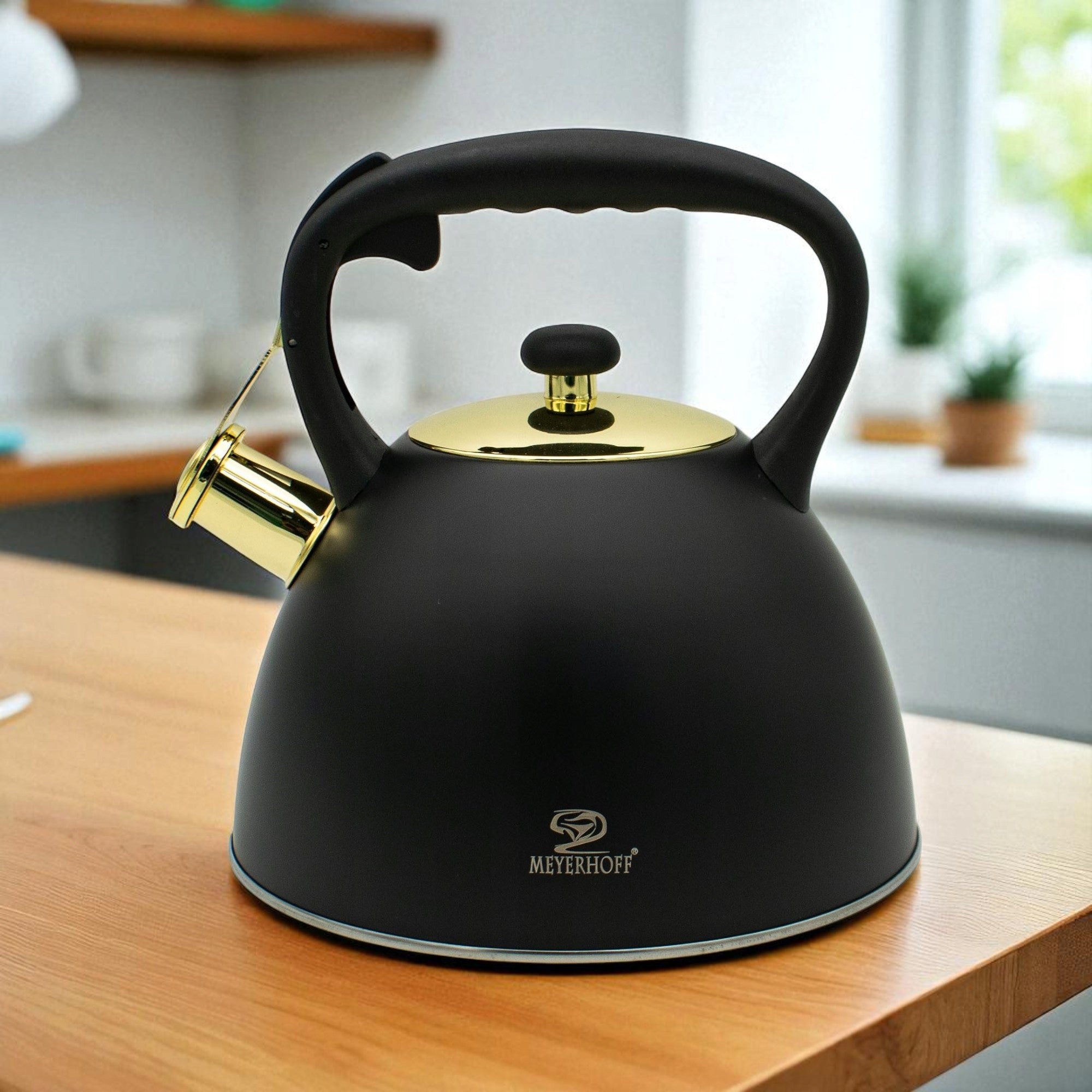 Kettle 3L Steel Stainless Black Matte with Whistle Handle Induction Gas Brand Meyerhoff