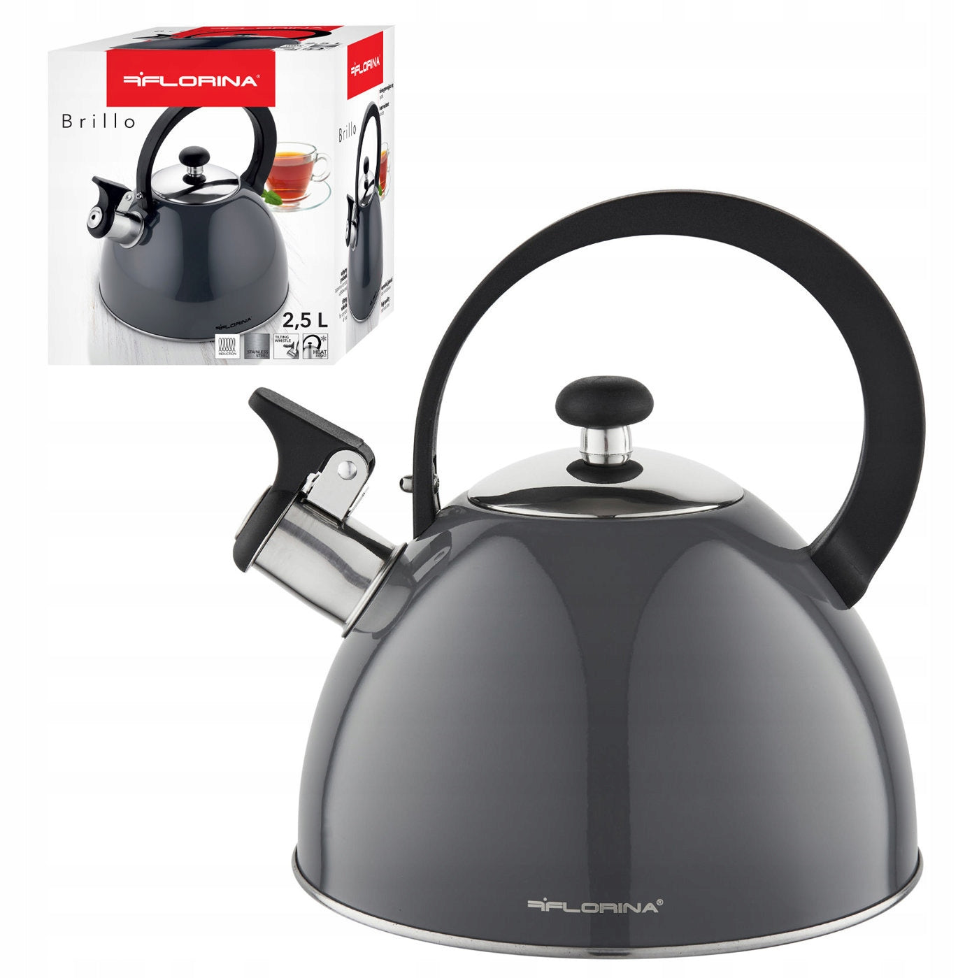 Kettle Florina Brillo 2.5L with Whistle Steel Grey Induction Gas