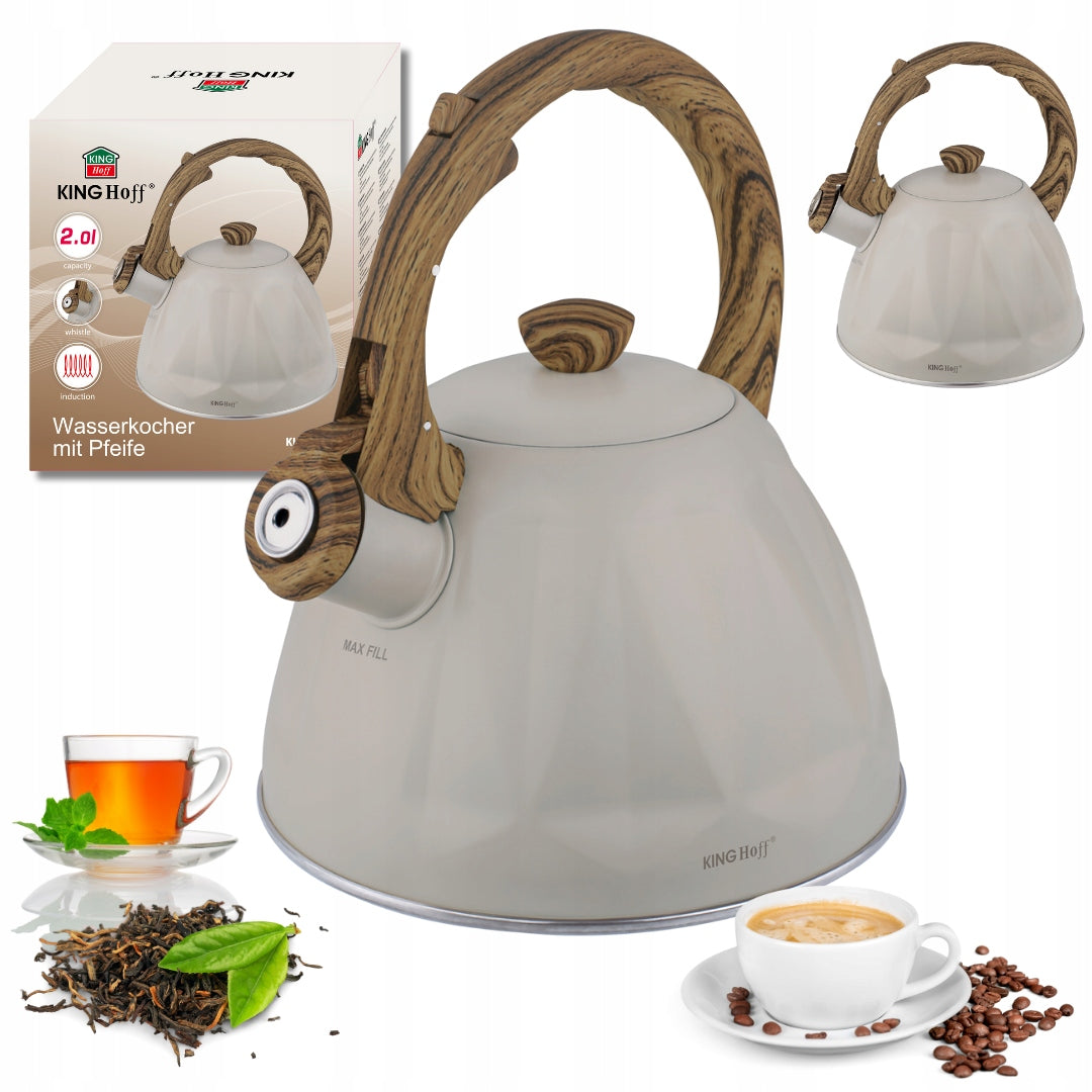 Kettle KINGHoff 2L cream with whistle induction Gas steel handle wood