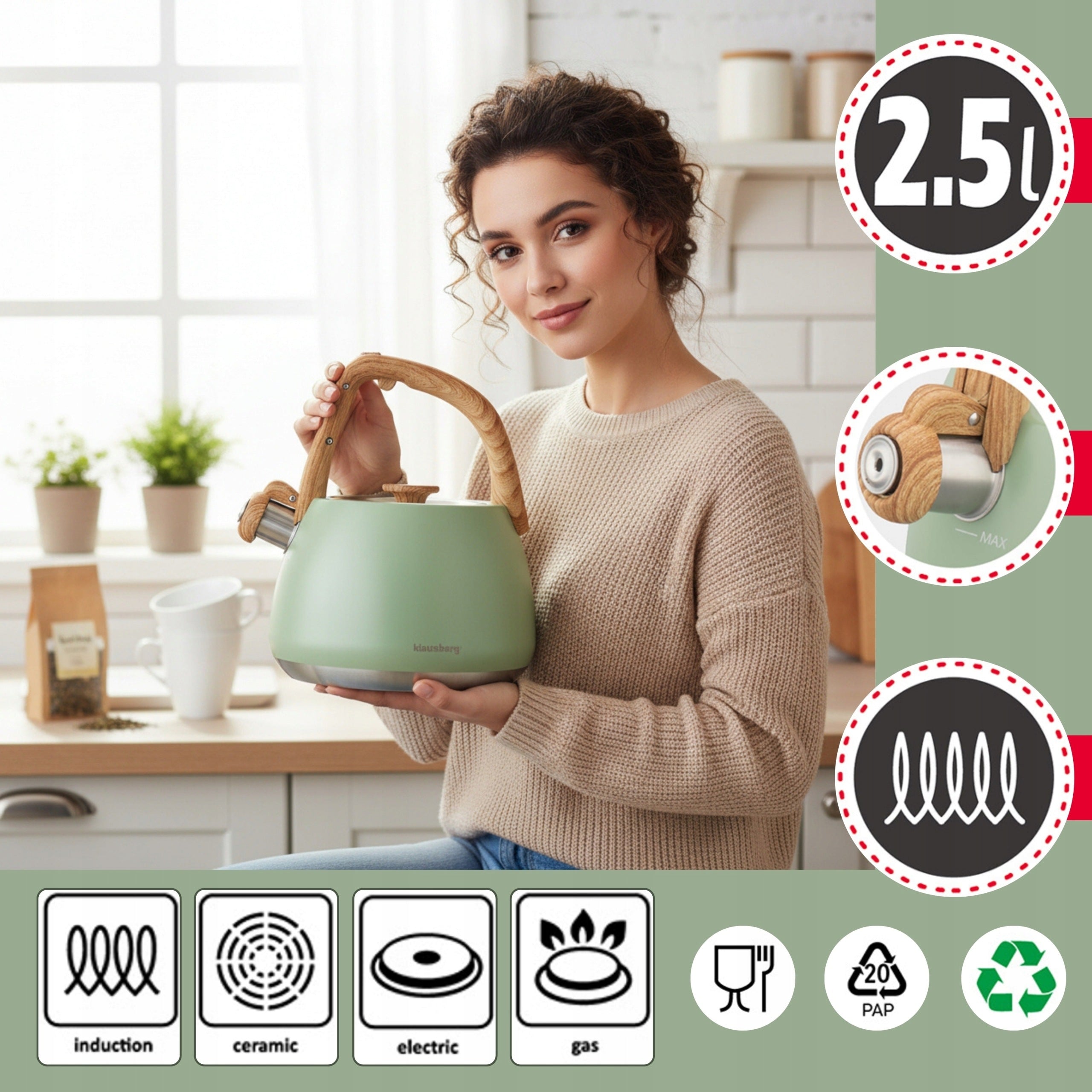 Kettle with Whistle 2,5L KLAUSBERG KB-9039 Induction Gas Wooden Style Manufacturer code KB-9039
