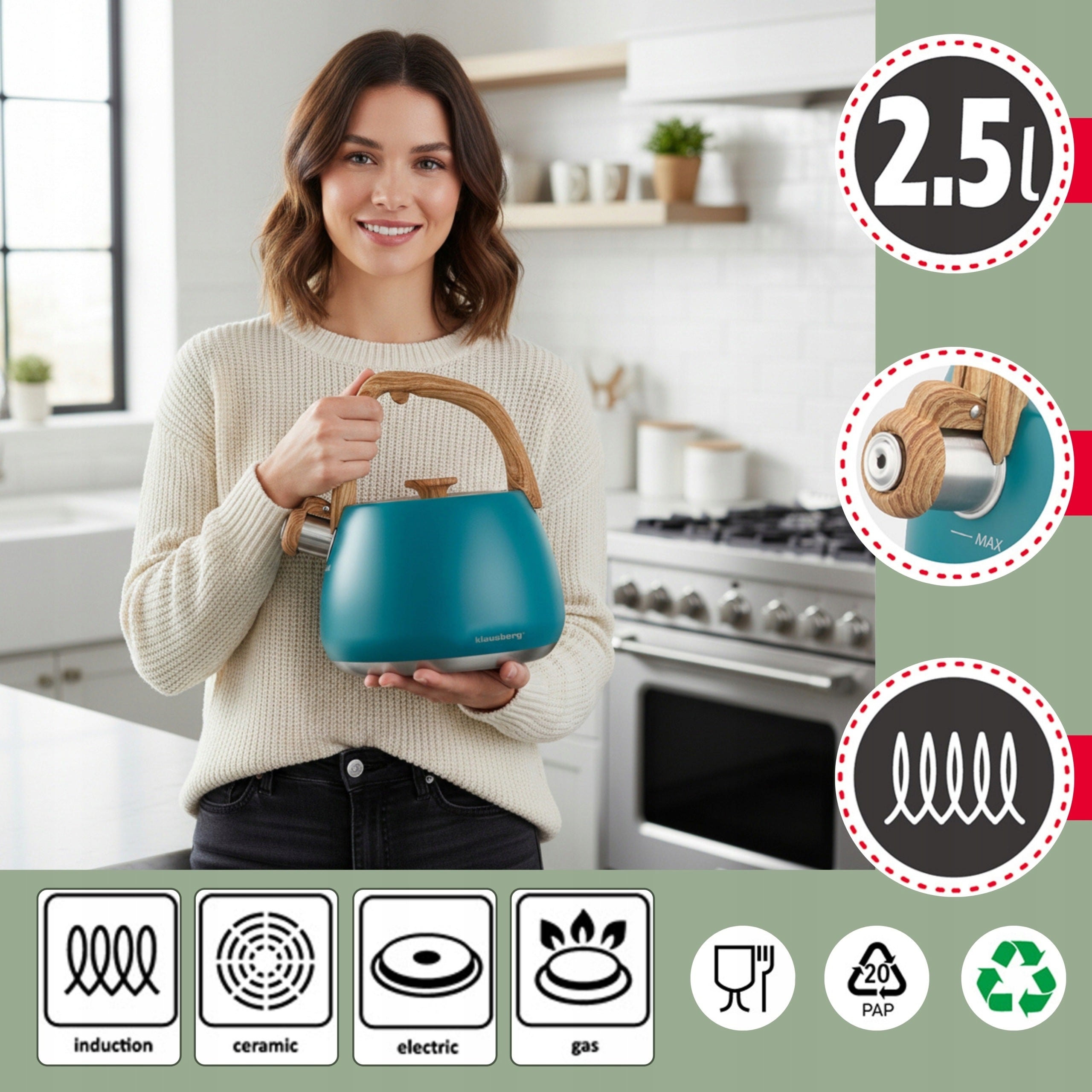 Kettle with Whistle 2,5L KLAUSBERG KB-9040 Induction Turquoise Gas Manufacturer code KB-9040