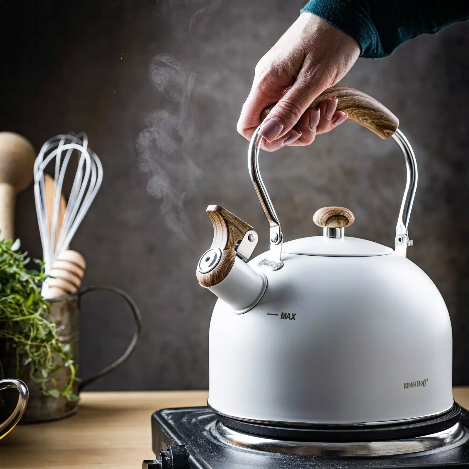 Kettle with whistle, 2,5L, white, with wood-like handle, KINGHoff Brand Kinghoff