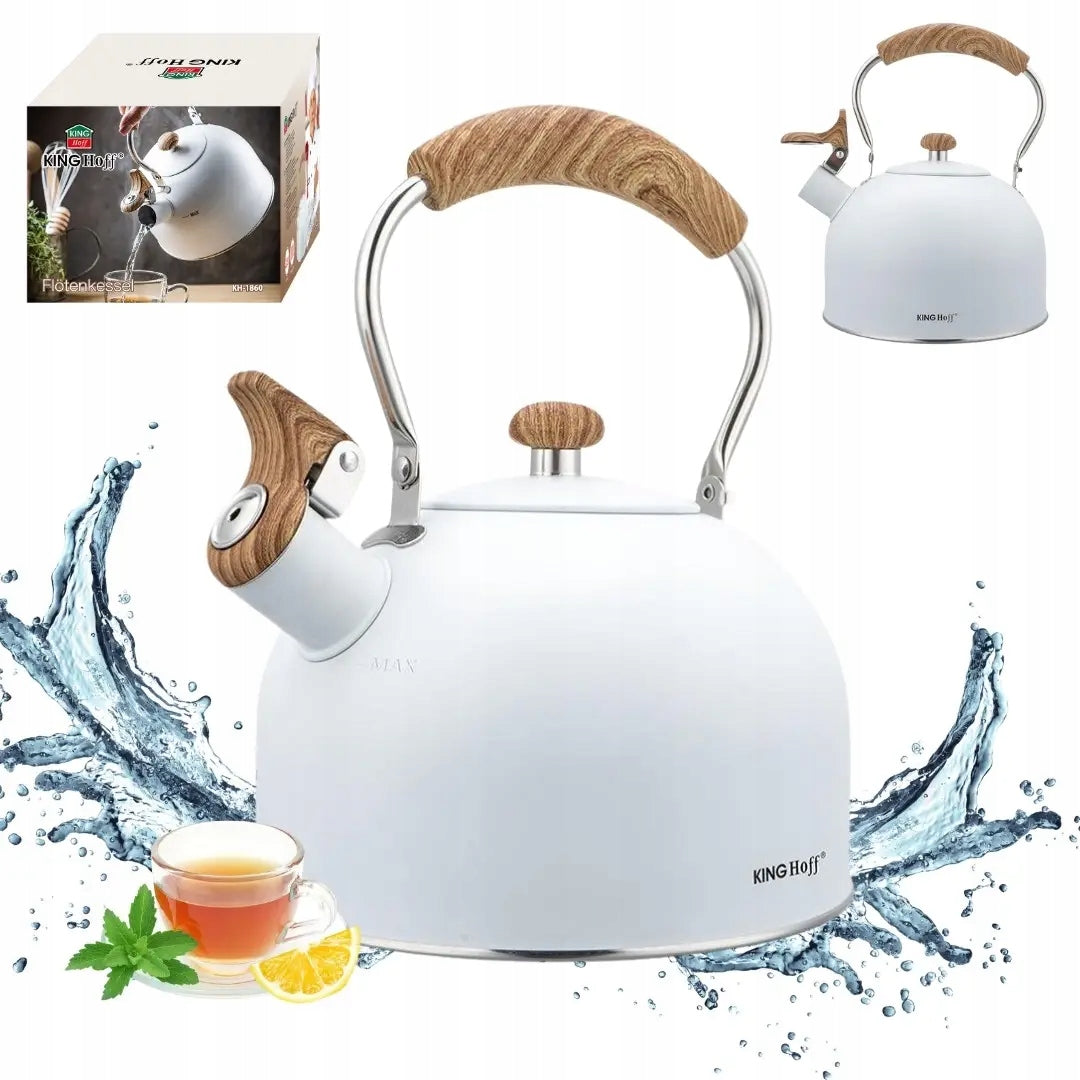 Kettle with whistle, 2,5L, white, with wood-like handle, KINGHoff