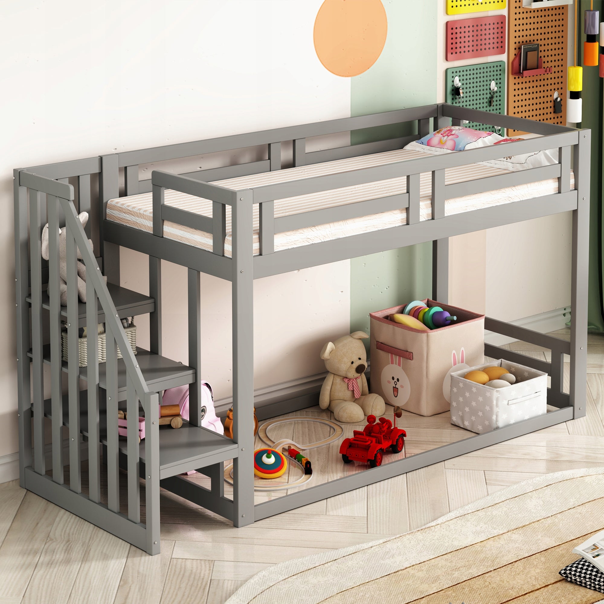 Kids Twin Bunk Bed 90 by 200 cm, Low Height with Safety Staircase Brand no brand