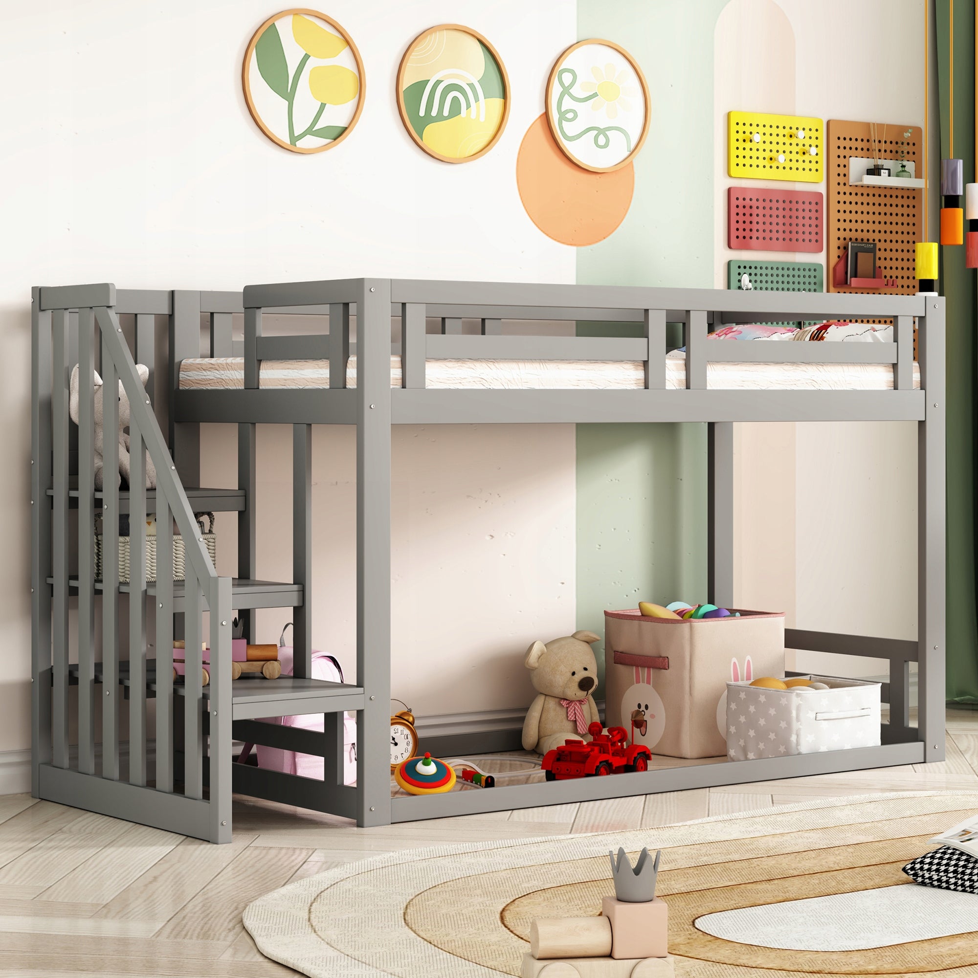Kids Twin Bunk Bed 90 by 200 cm, Low Height with Safety Staircase Manufacturer code 545ORFRLDT00042AAE844