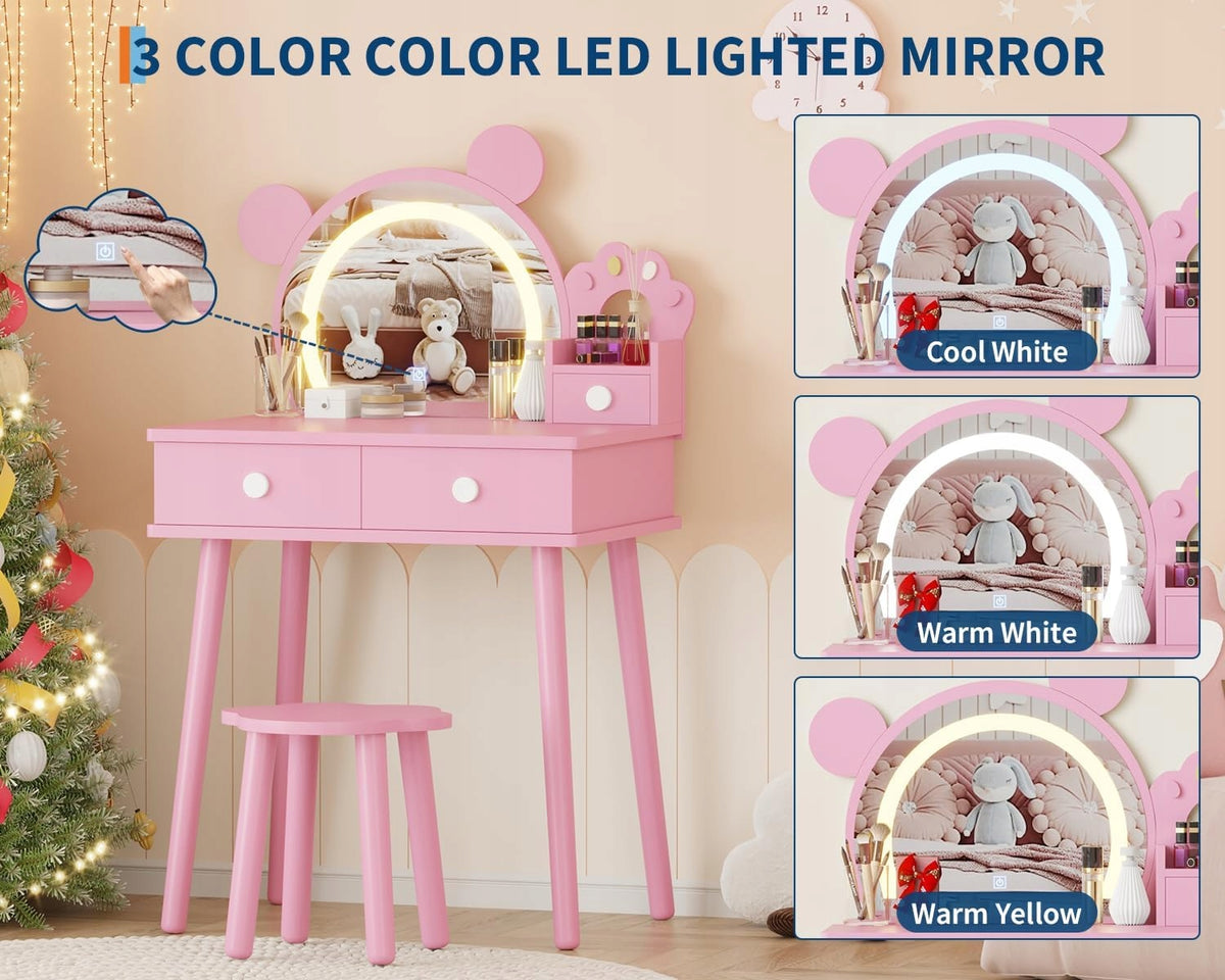 Kids Vanity Set with Lights Mirror & Stool, Bear-Shaped, Pink Manufacturer code Thinkmax