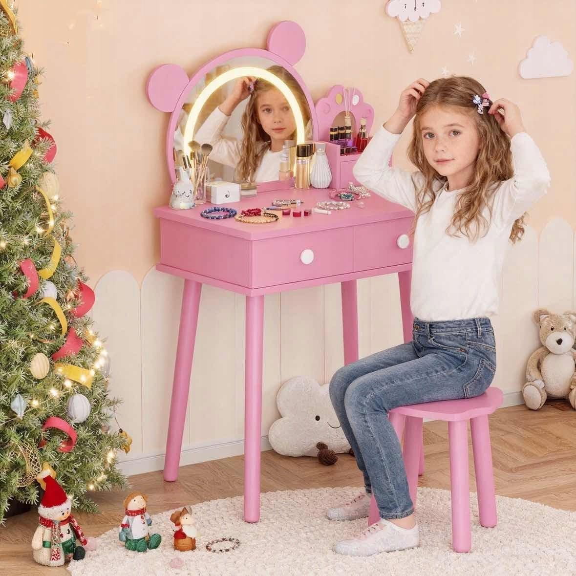 Kids Vanity Set with Lights Mirror & Stool, Bear-Shaped, Pink Packaging status original