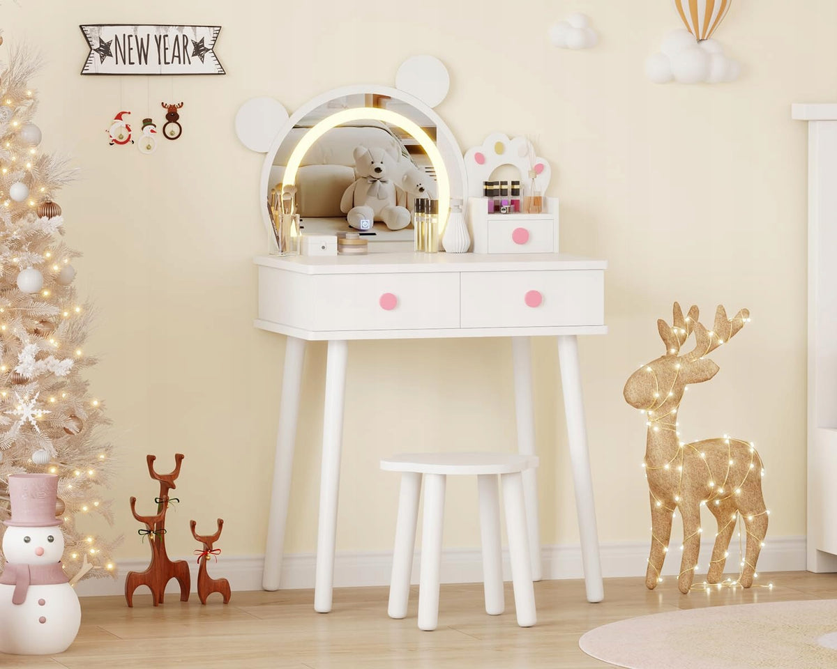 Kids Vanity Table with Lights, Bear-Shaped Dressing Table, White Packaging status original