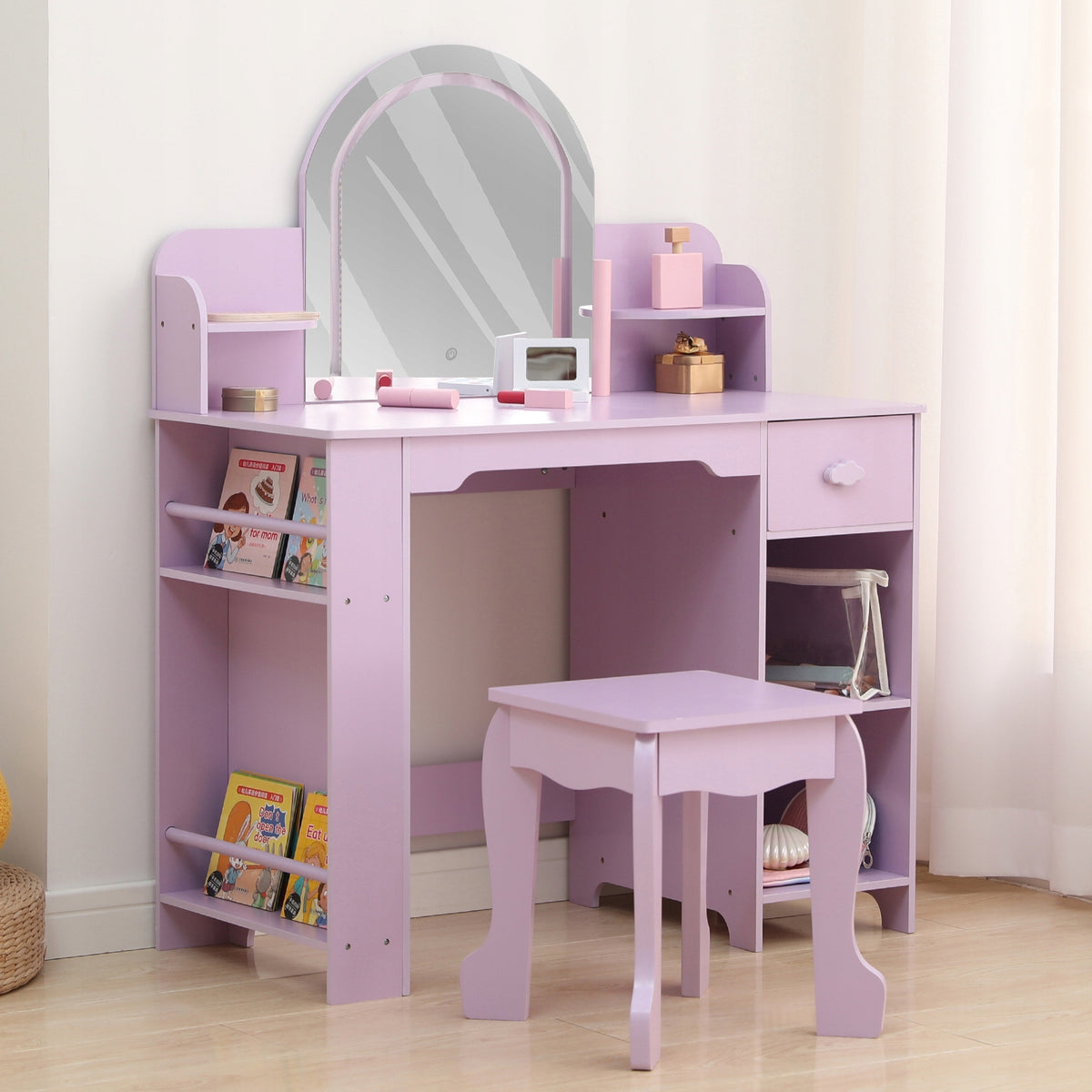 Kids Vanity with Lighted Mirror & Stool, Adjustable LED Light, Purple Manufacturer code Thinkmax