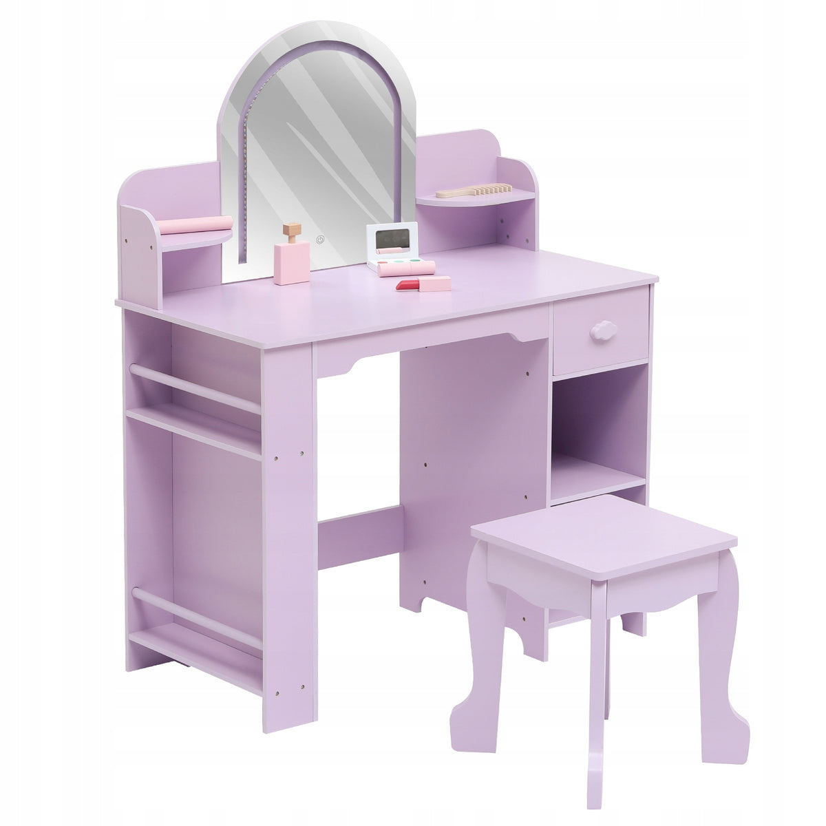 Kids Vanity with Lighted Mirror & Stool, Adjustable LED Light, Purple
