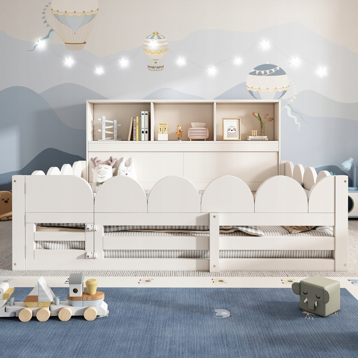 Kids Wooden Floor Bed with Fall Protection Rail&Storage Headboard,140x200cm Brand no brand