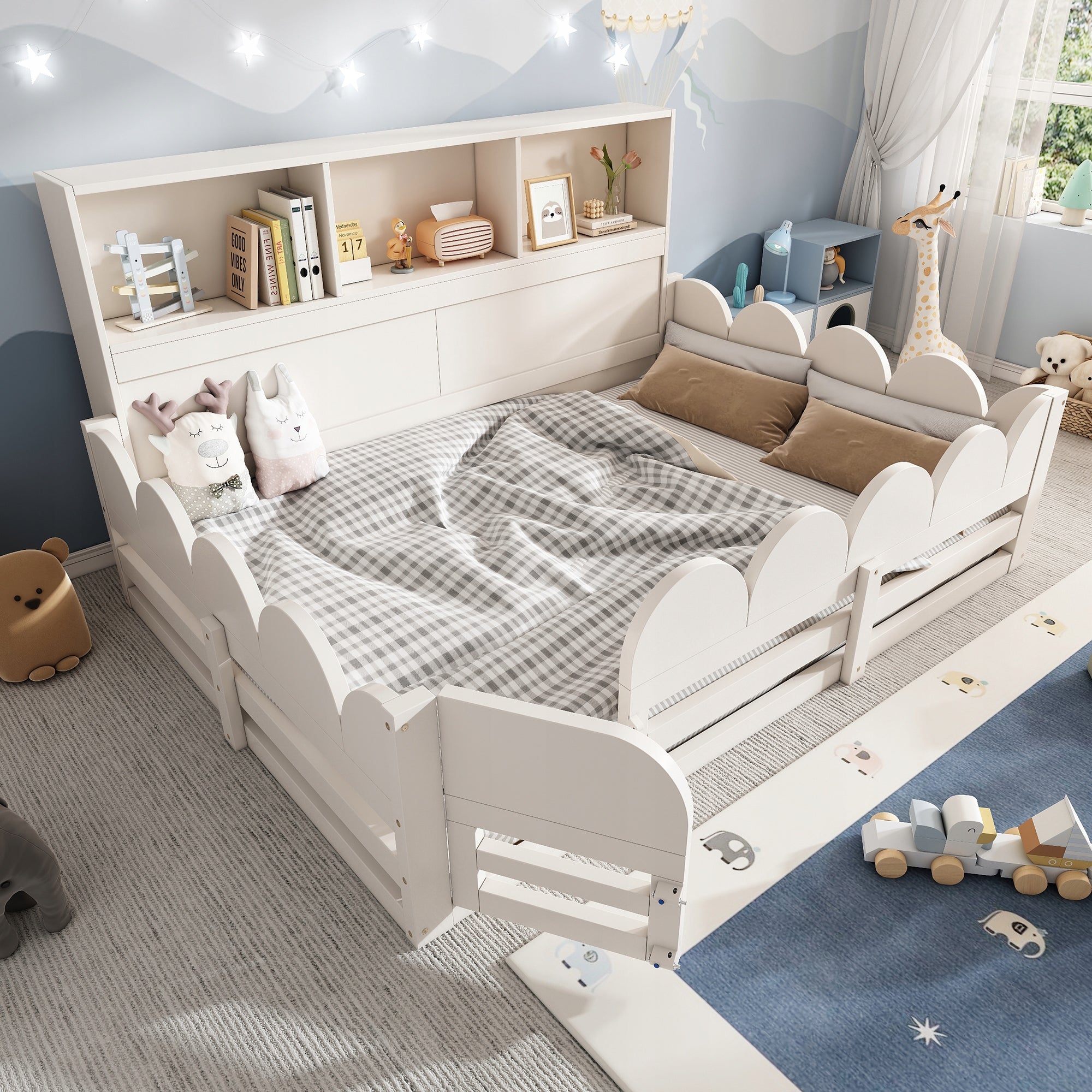 Kids Wooden Floor Bed with Fall Protection Rail&Storage Headboard,140x200cm