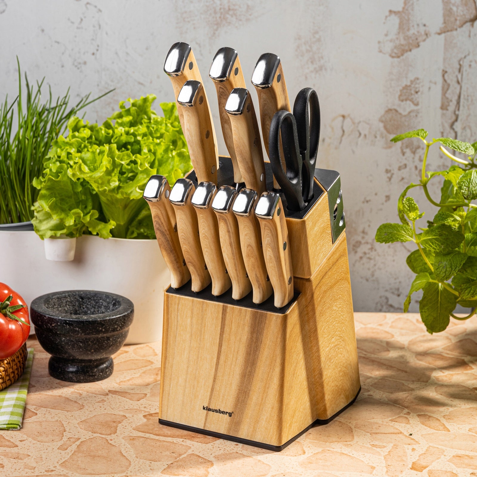Kitchen Knives 13el Rack with Sharpener + 6 Steak Knives Scissors KLAUSBERG Packaging status original